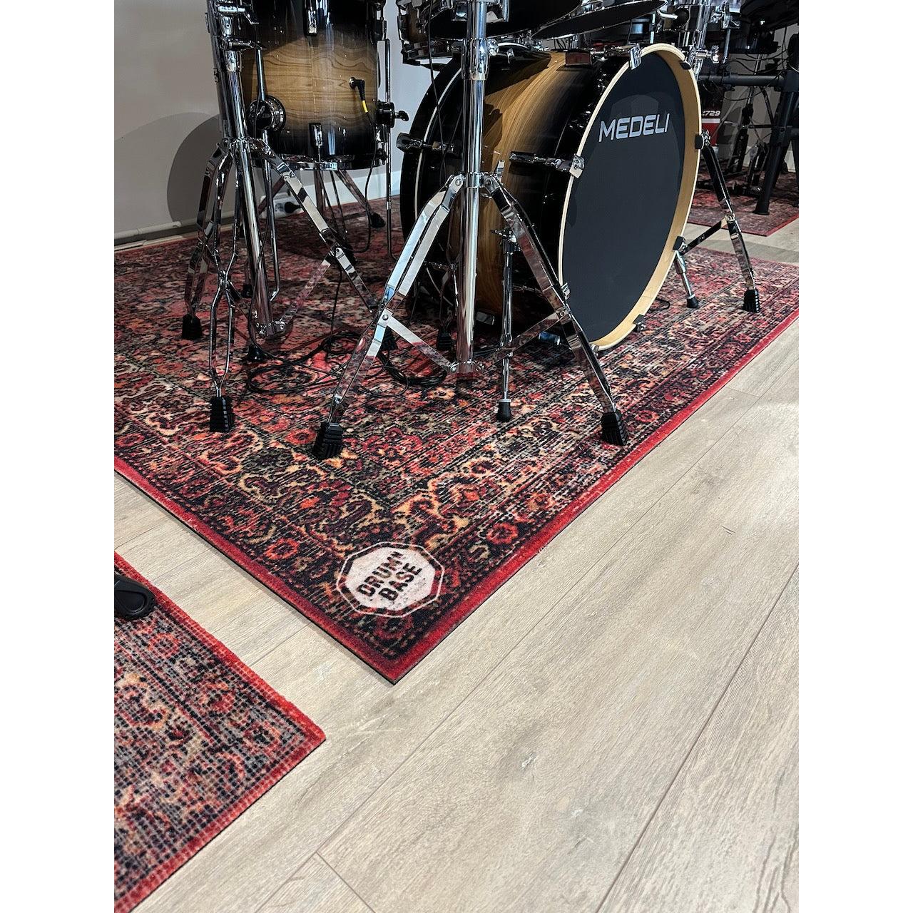 DRUMnBASE Sound STAGE 185×165cm Persian Worn Red Vibration Isolation carpet under drum kit with detailed texture and pattern