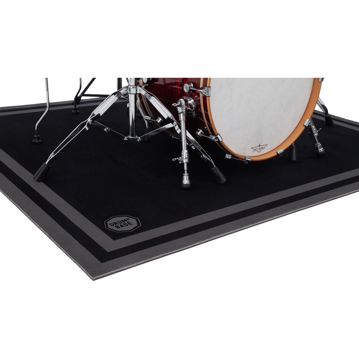 DRUMnBASE Sound STAGE 150×130cm Stage Black Vibration Isolation carpet with drum hardware on top for noise reduction.