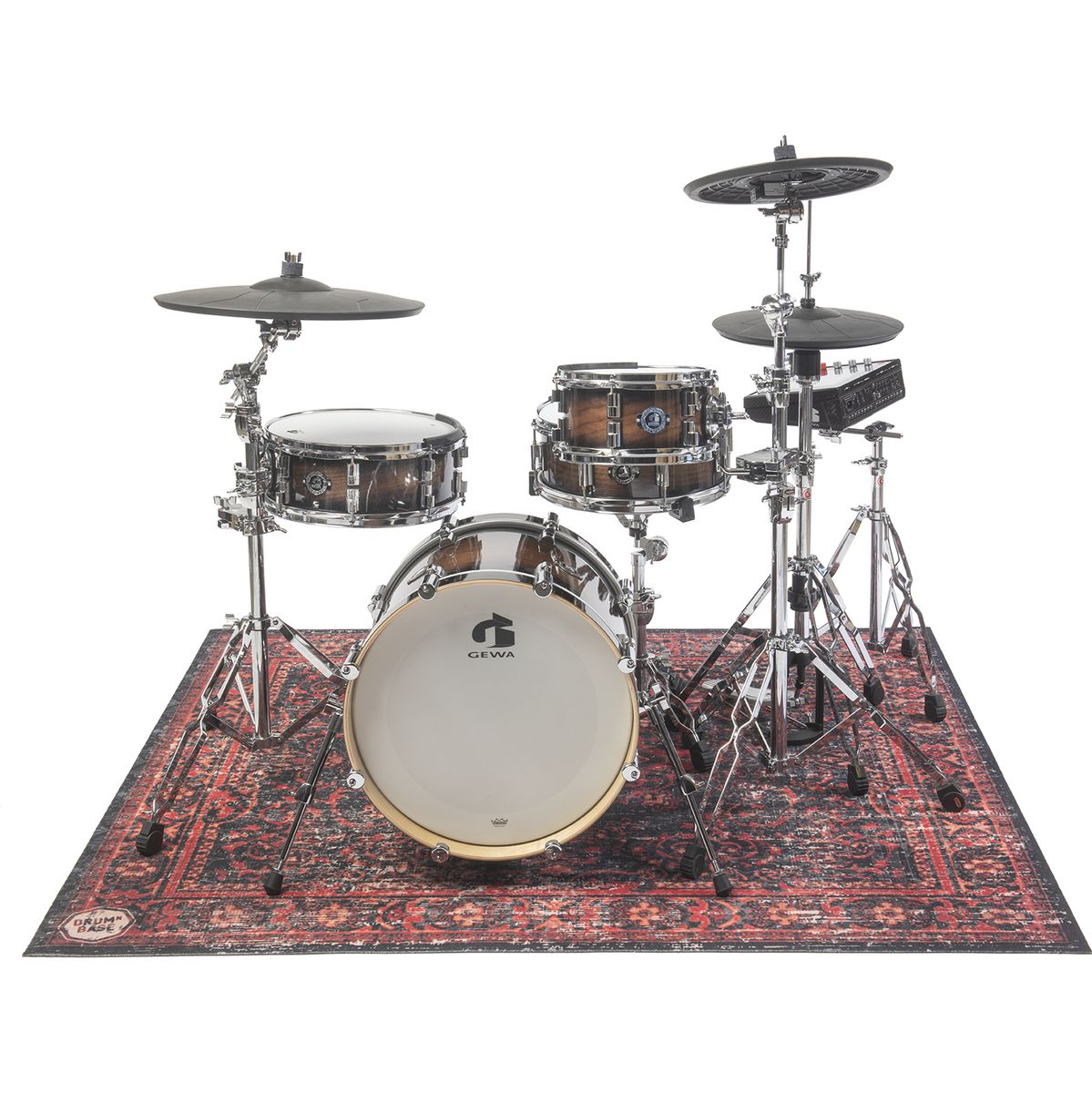 DRUMnBASE Vintage Persian Club Series Black Red 165x142cm carpet under a drum kit with cymbals and stands