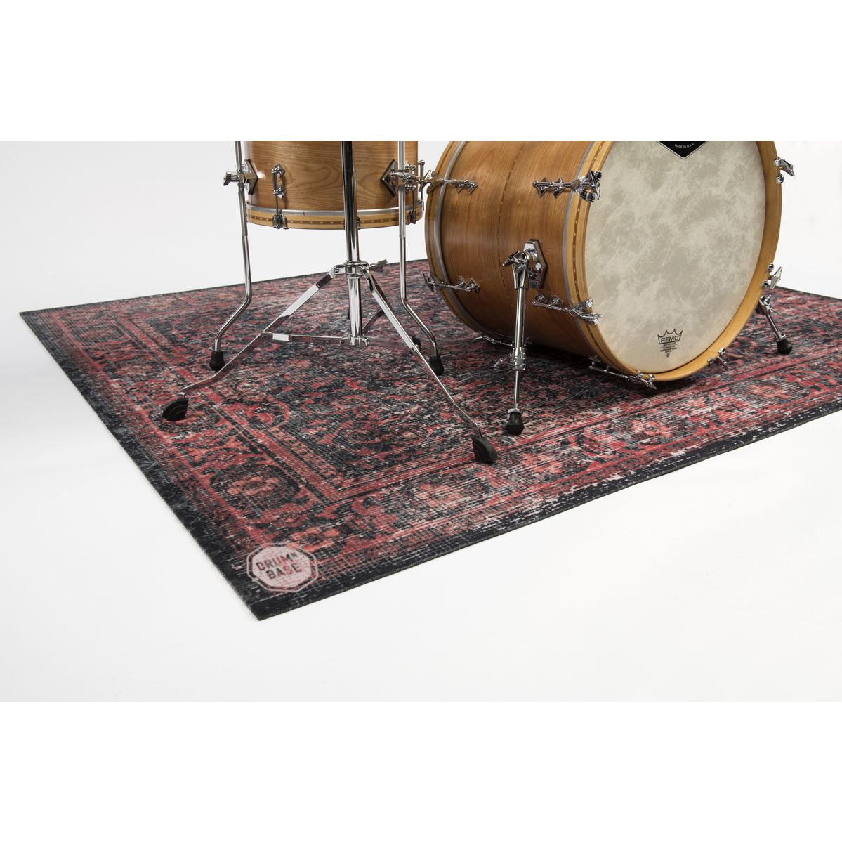 DRUMnBASE Vintage Persian Club Series Black Red 165x142cm drum rug with classic Persian design under drum set.