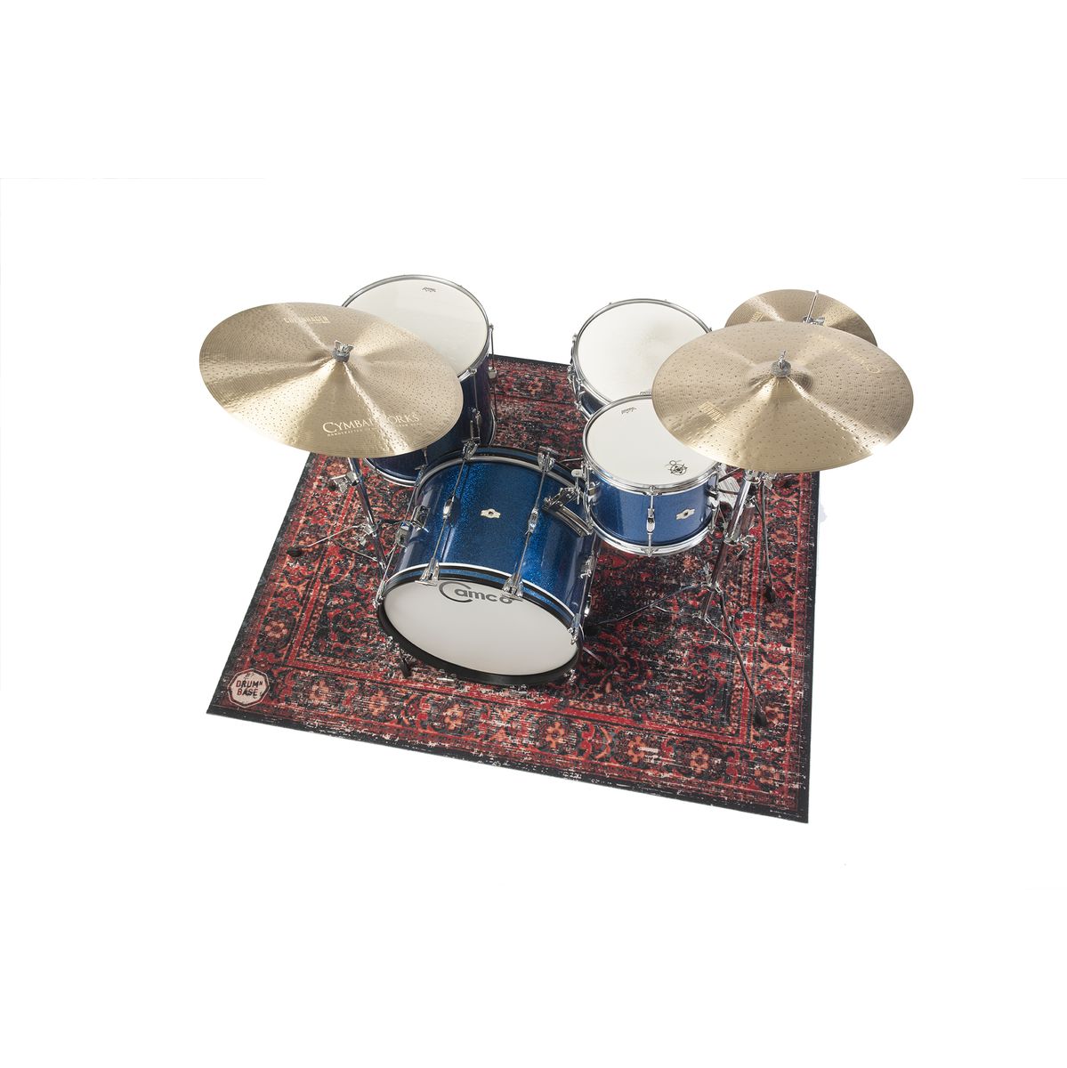 Drum kit set up on DRUMnBASE Vintage Persian Club Series Black Red 165x142cm carpet with bold Persian rug design