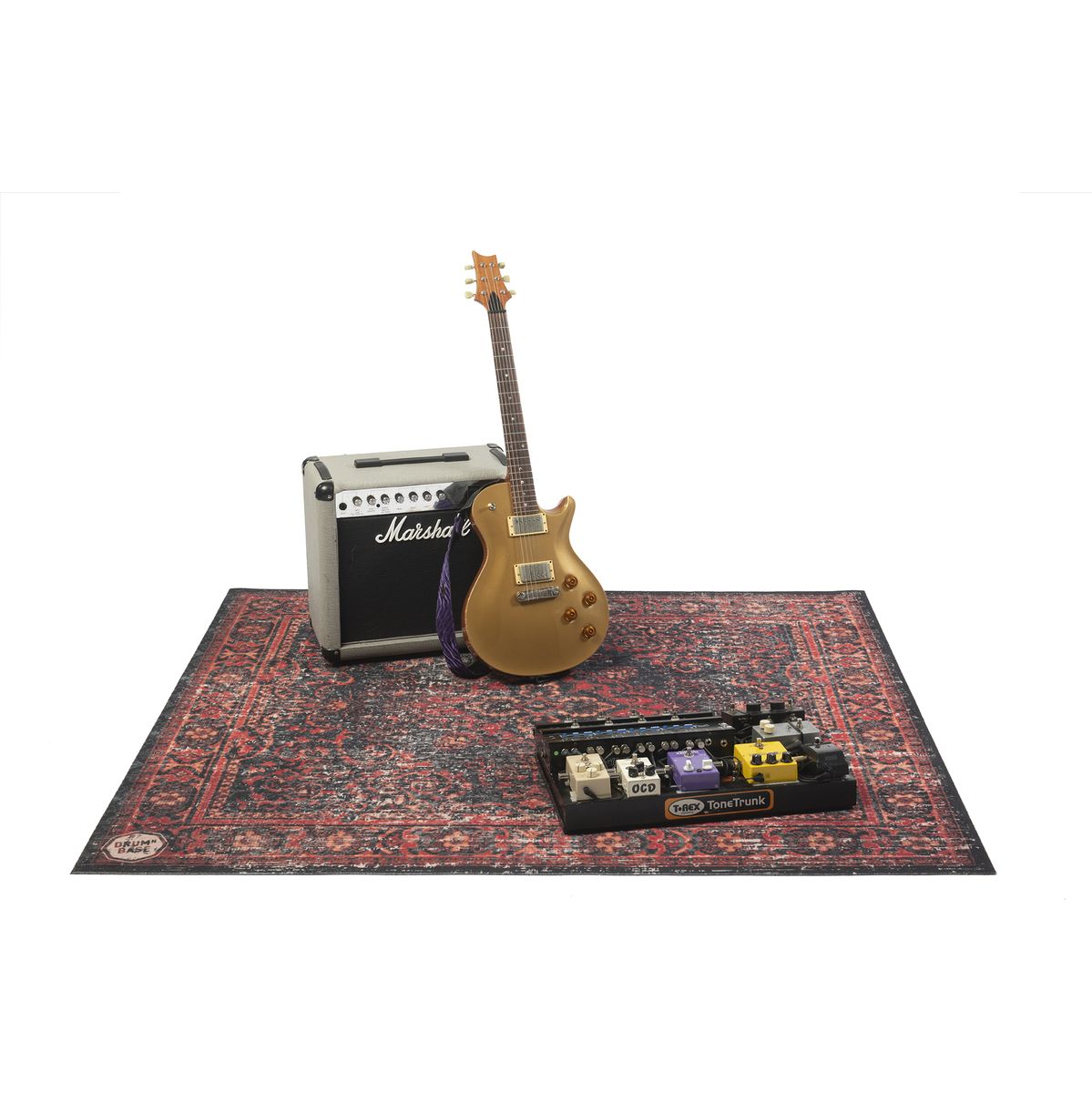 DRUMnBASE Vintage Persian Club Series Black Red 165x142cm carpet under guitar, amp, and effects pedals by DRUMnBASE