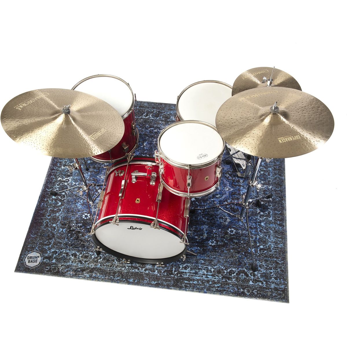 DRUMnBASE Vintage Persian Club Series Blue 165x142cm carpet under a red drum kit with cymbals, 4 mm thick material