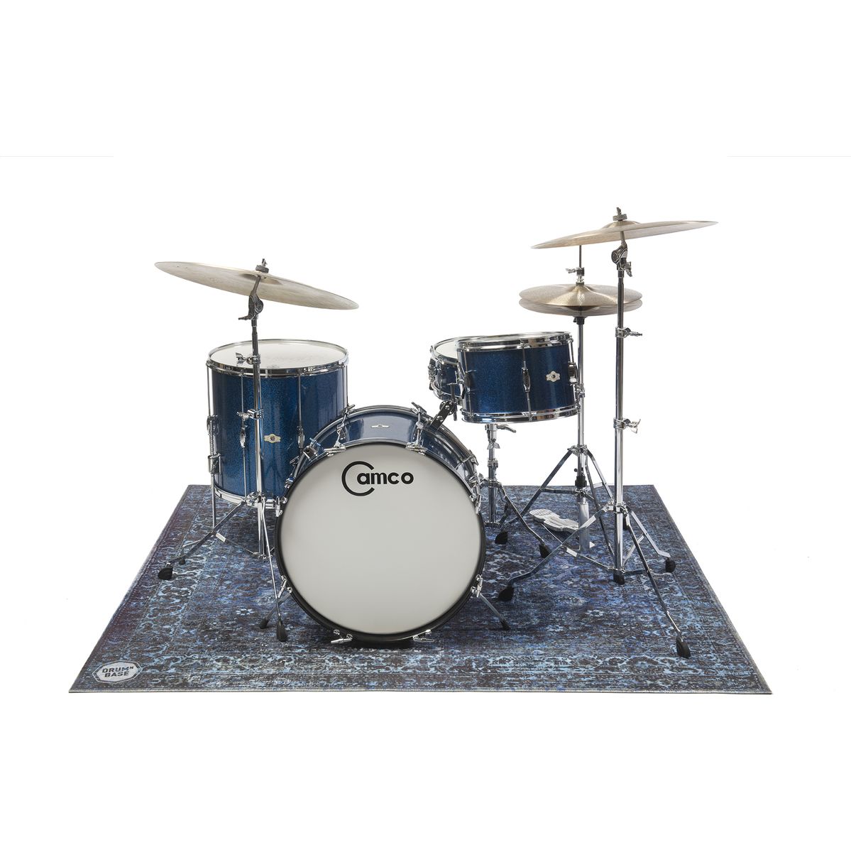 Blue drum kit set on DRUMnBASE Vintage Persian Club Series Blue 165x142cm carpet with Persian rug-inspired design
