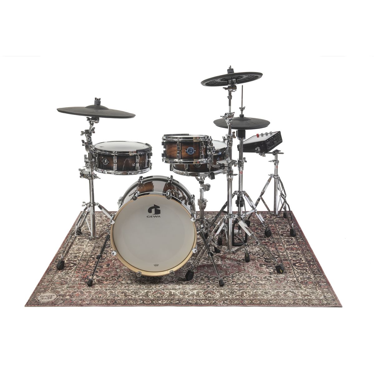 Drum kit set on DRUMnBASE Vintage Persian Club Series Classic Worn 165x142cm carpet with worn red Persian rug design