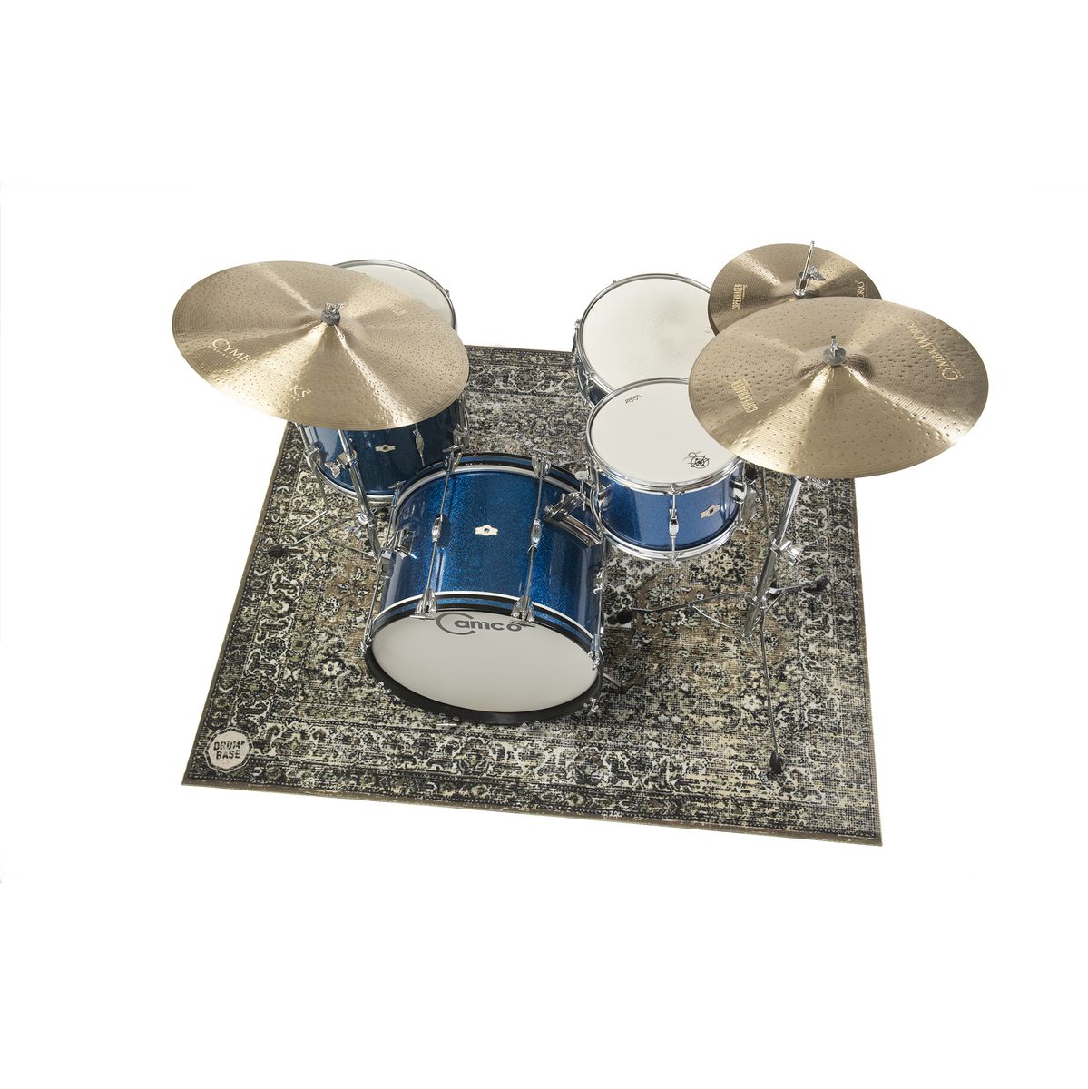 DRUMnBASE Vintage Persian Club Series Green 165x142cm carpet under a drum kit with blue shells and cymbals