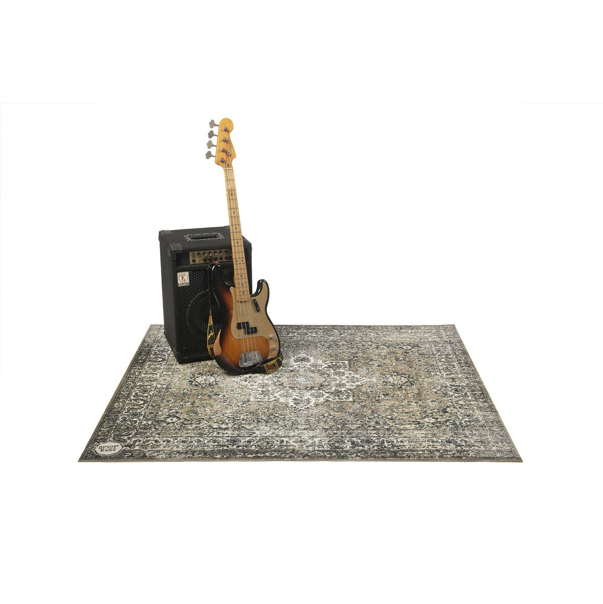 DRUMnBASE Vintage Persian Club Series Green 165x142cm carpet under bass guitar and amplifier with Persian-style design