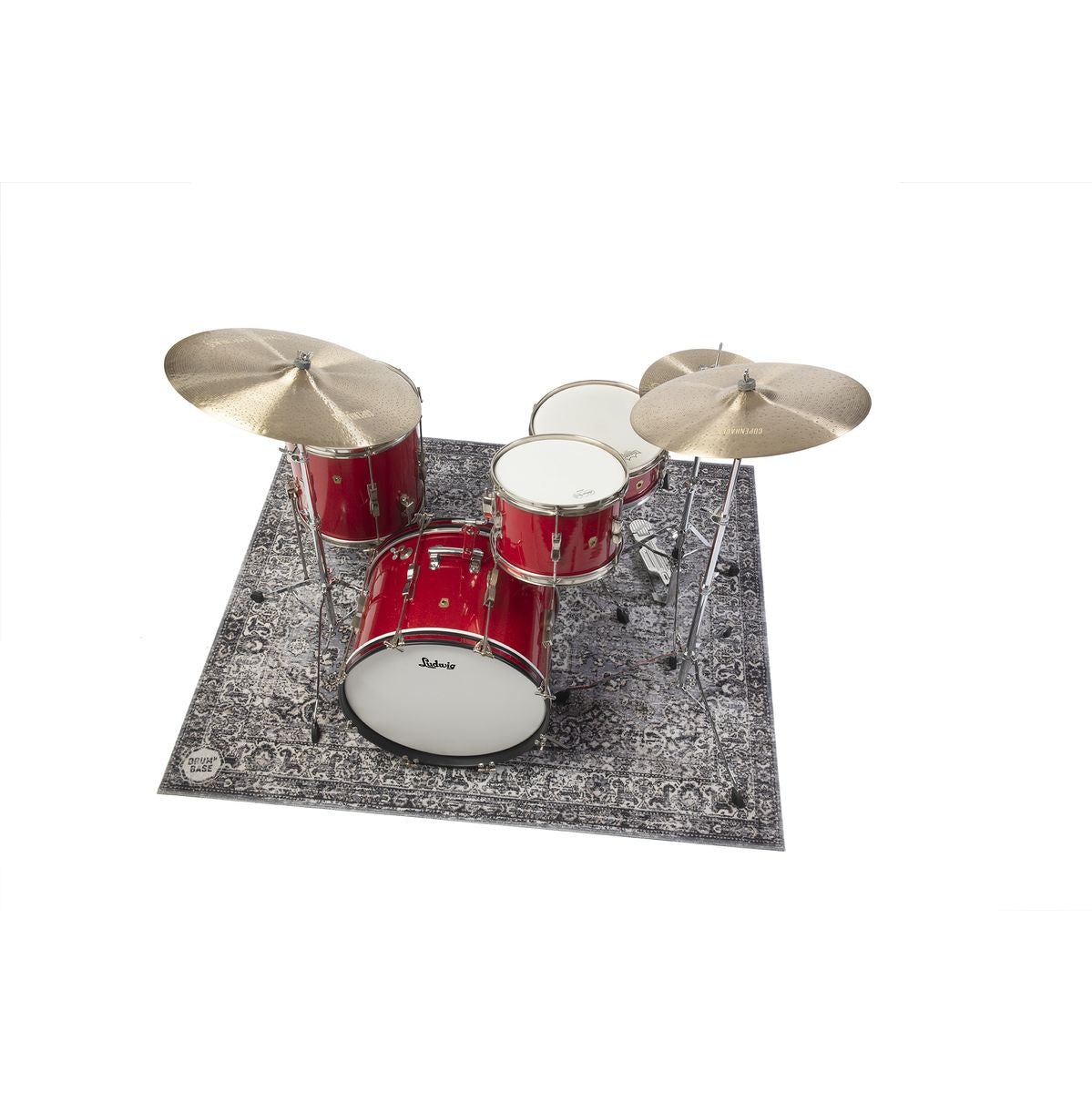 DRUMnBASE Vintage Persian Club Series Grey 165x142cm carpet under red drum kit with cymbals, built for durability and easy cleaning