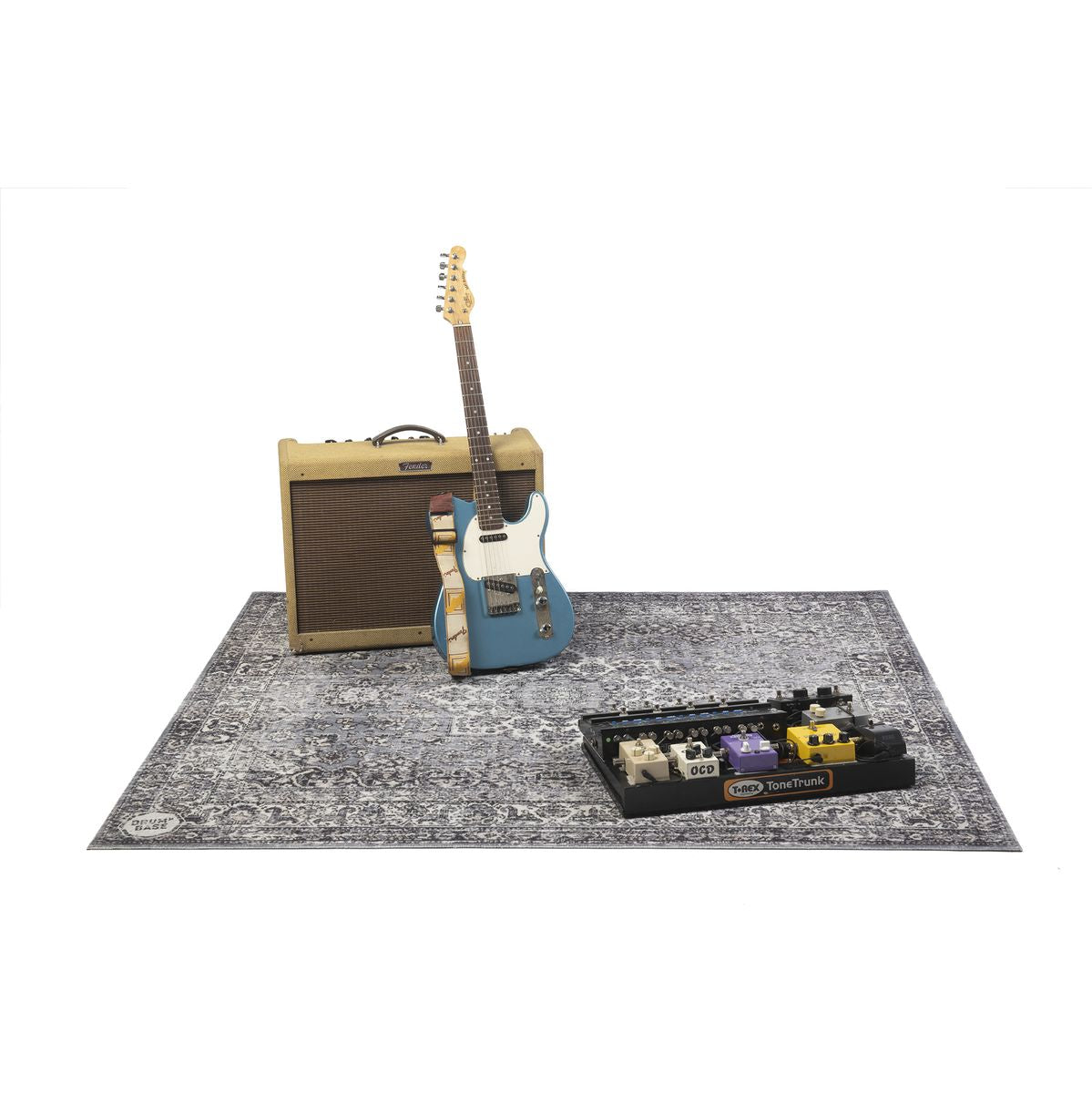 DRUMnBASE Vintage Persian Club Series Grey 165x142cm carpet with guitar, amp, and pedalboard on it