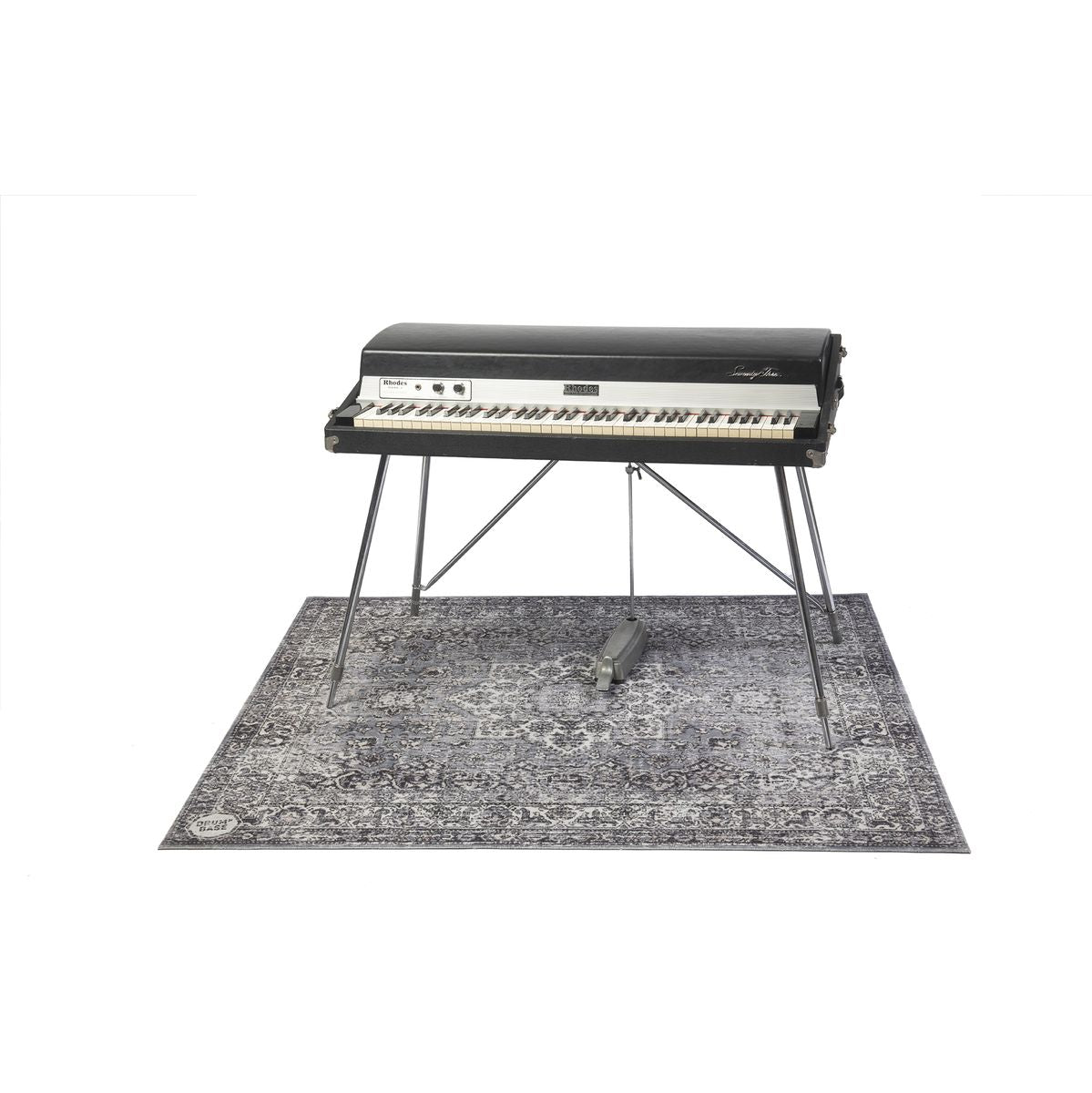 DRUMnBASE Vintage Persian Club Series Grey 165x142cm carpet under a keyboard stand with vintage electric piano