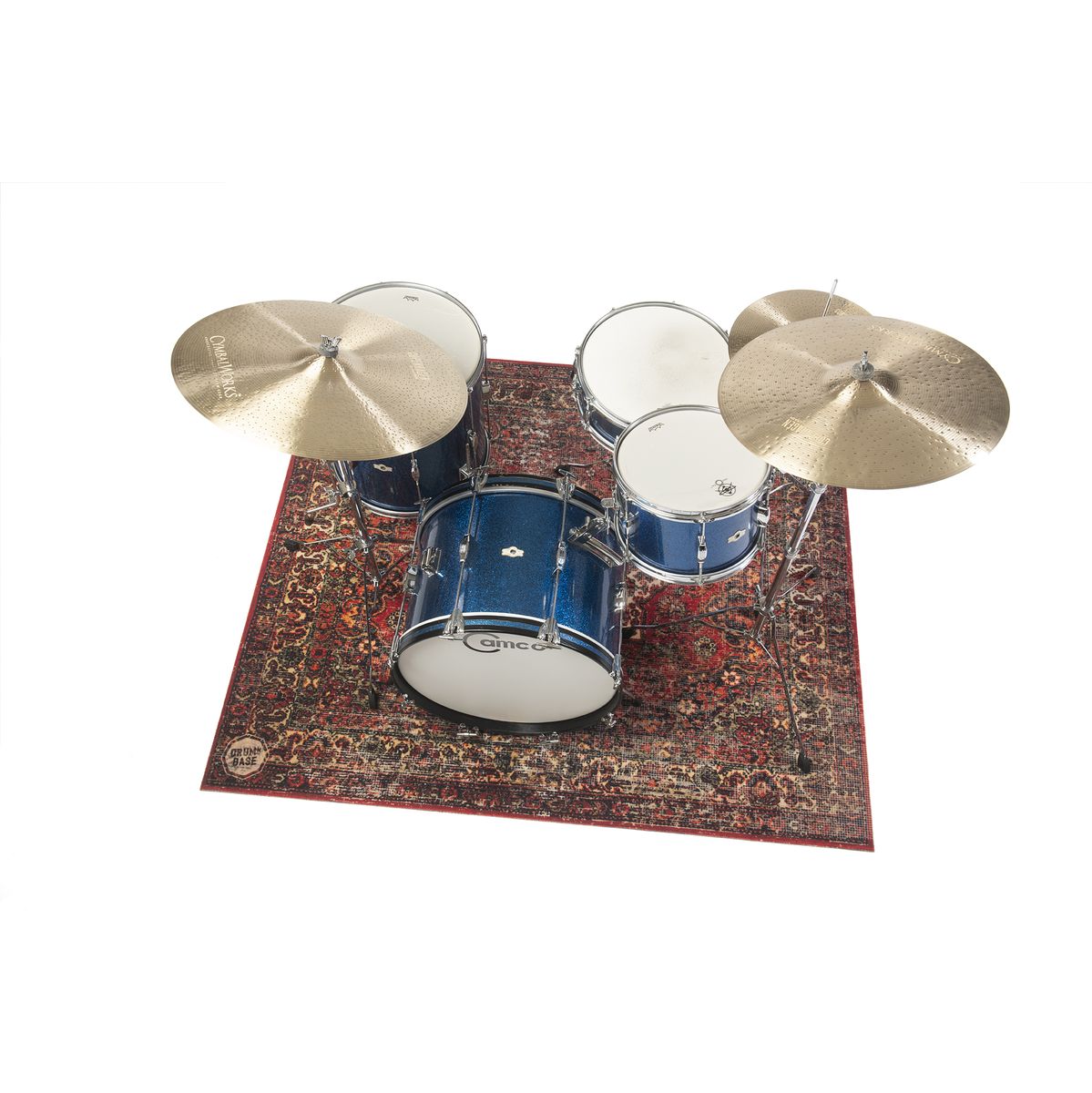 DRUMnBASE Vintage Persian Club Series Original Red 165x142cm under a blue drum kit with cymbals on top