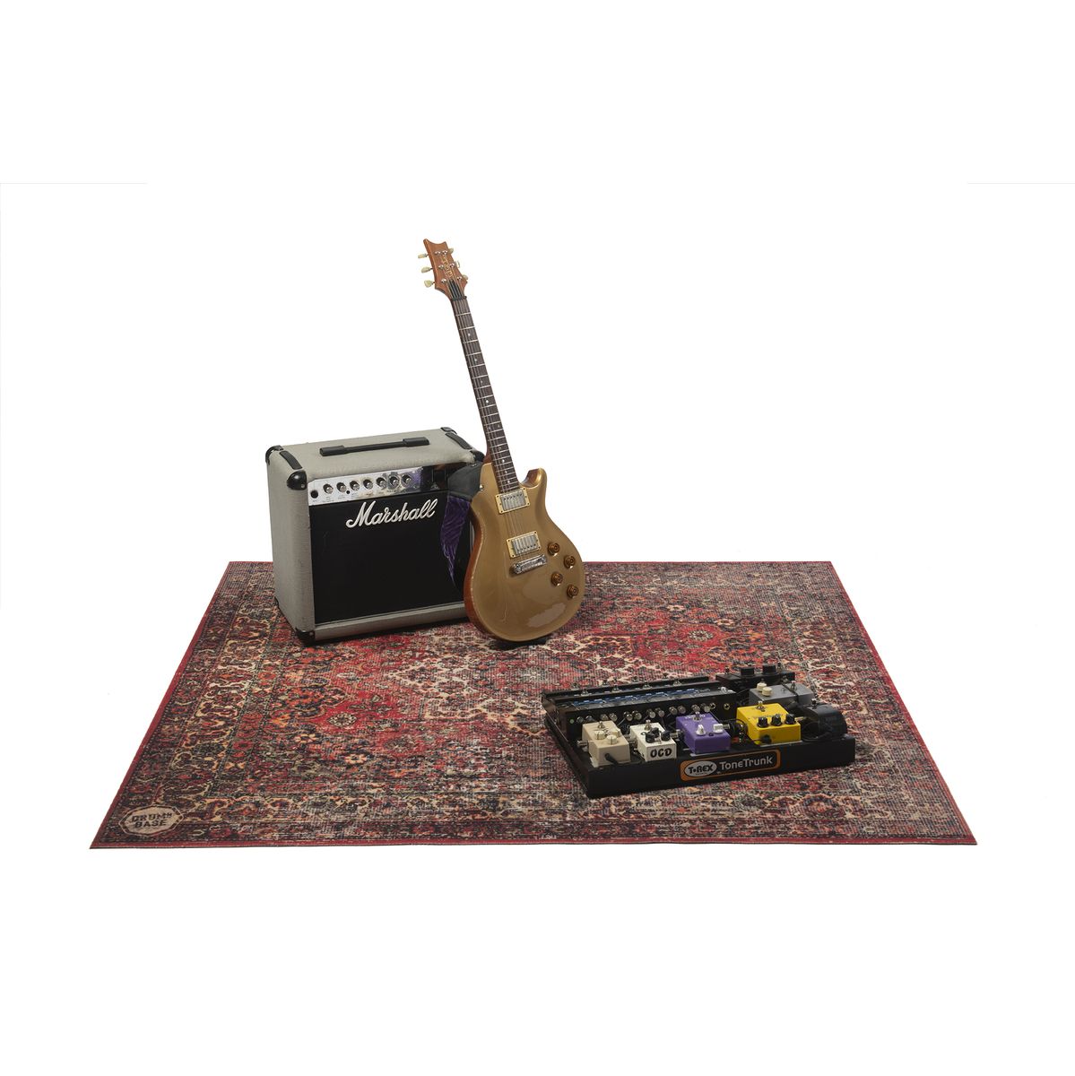 DRUMnBASE Vintage Persian Club Series Original Red 165x142cm drum carpet with guitar, amp, and pedalboard arranged on top