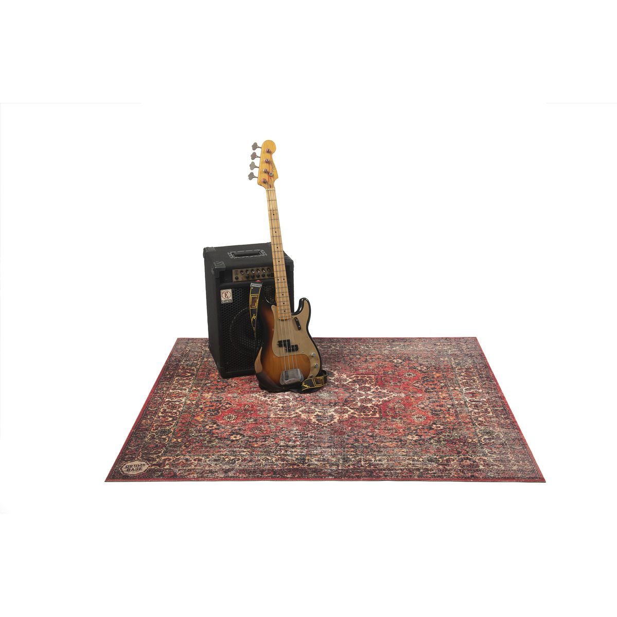 DRUMnBASE Vintage Persian Club Series Original Red 165x142cm drum carpet with bass guitar and amplifier