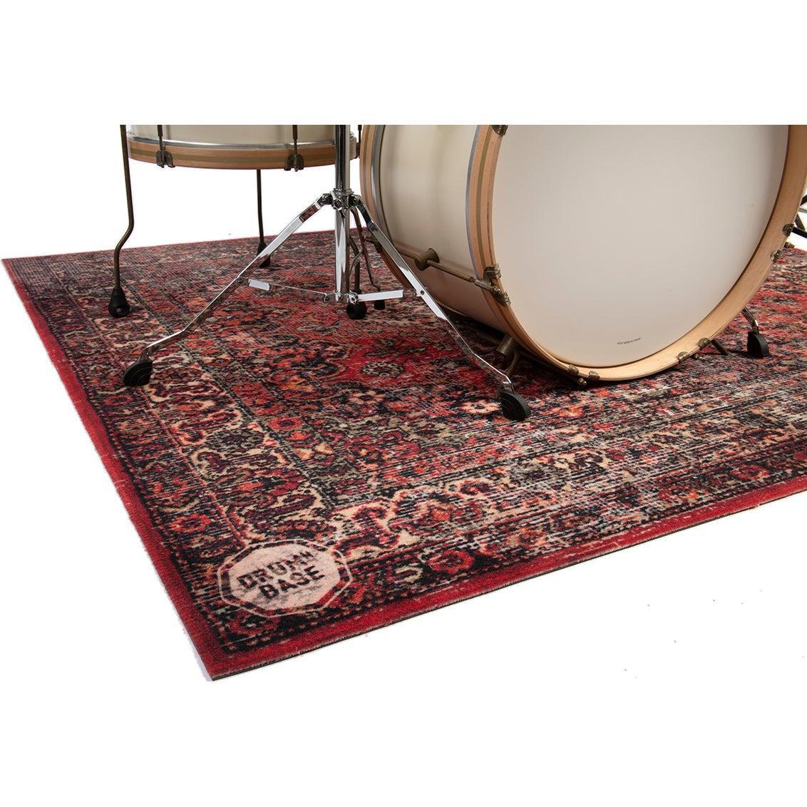 DRUMnBASE Vintage Persian Club Series Original Red 185x160cm carpet under drum kit with Persian-inspired design