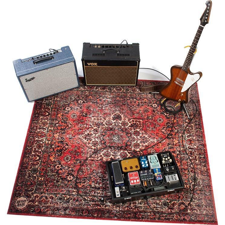 DRUMnBASE Vintage Persian Club Series Original Red 185x160cm with guitar, amps, and pedalboard on top