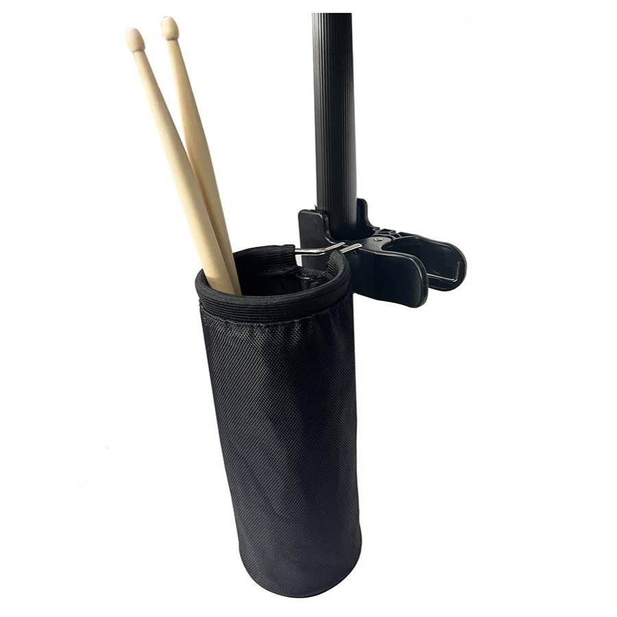 Drumstick Holder DSH-90 by Vybe Drums with XL clamp holding sticks, brushes, and mallets securely on drum stand.