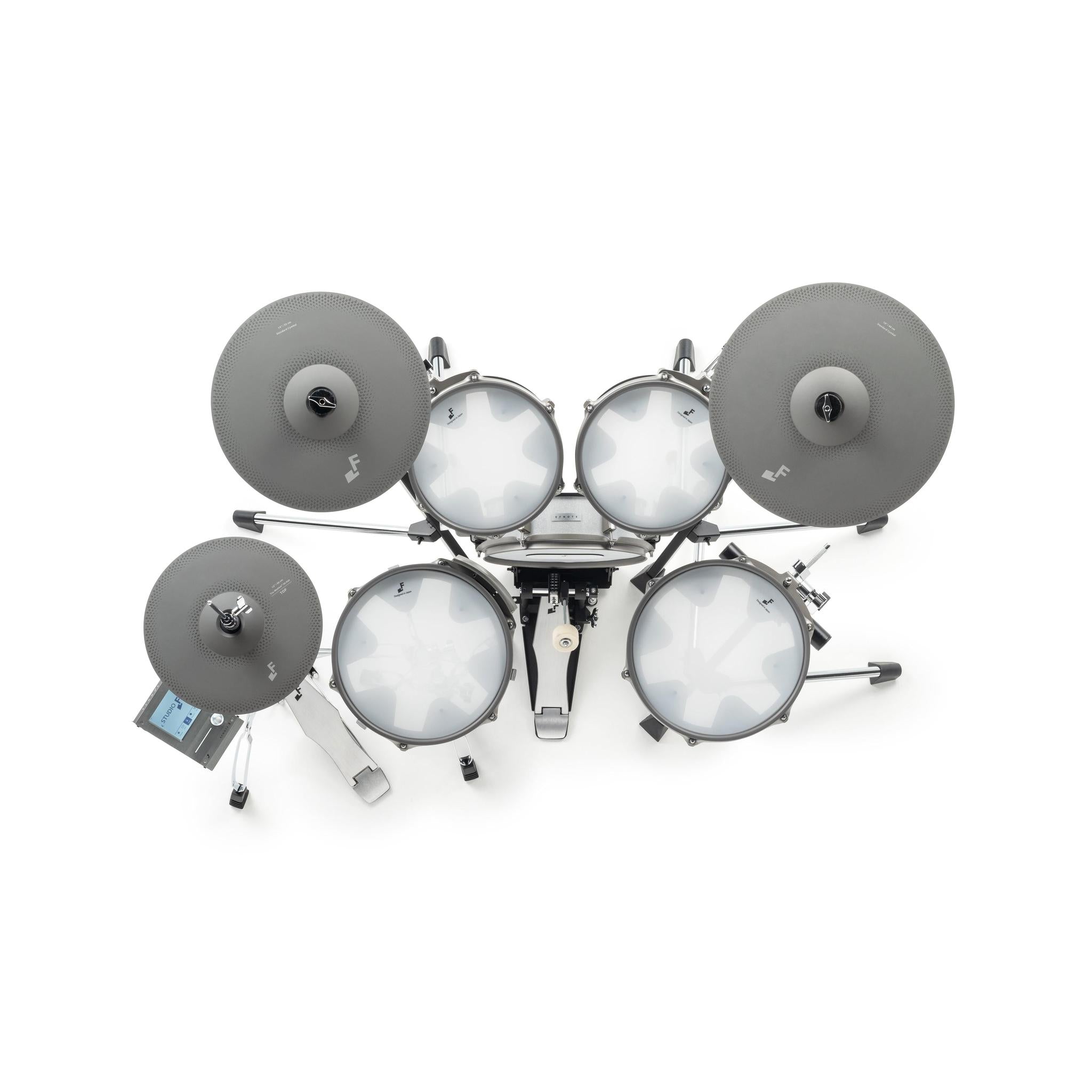 Top view of EFNOTE 3 Style-A electronic drums with gray pads and EFNOTE branding on cymbals.