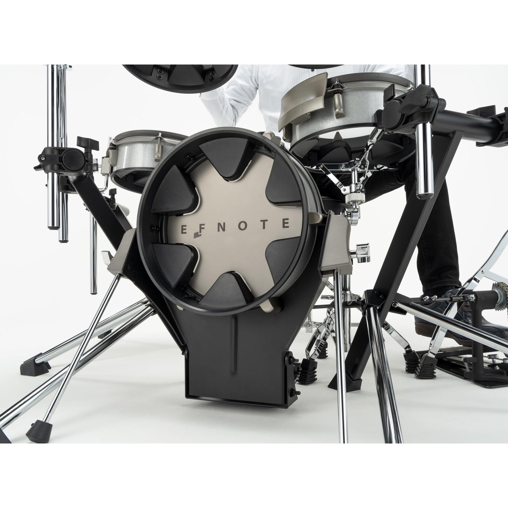 Close-up of EFNOTE 3 Style-A electronic drums bass drum and hardware in a compact professional setup