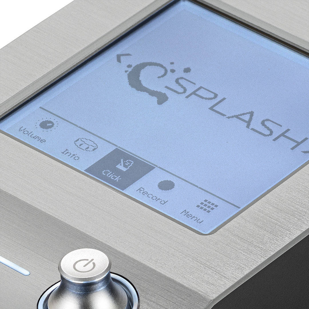 Close-up of EFNOTE 5X e-drum set control module with LCD screen showing splash effect settings and power button.