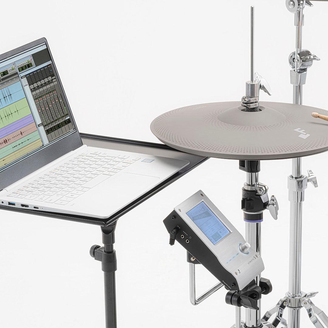 EFNOTE 5X e-drum set with electronic cymbal pad, digital module, and laptop showing drum software interface