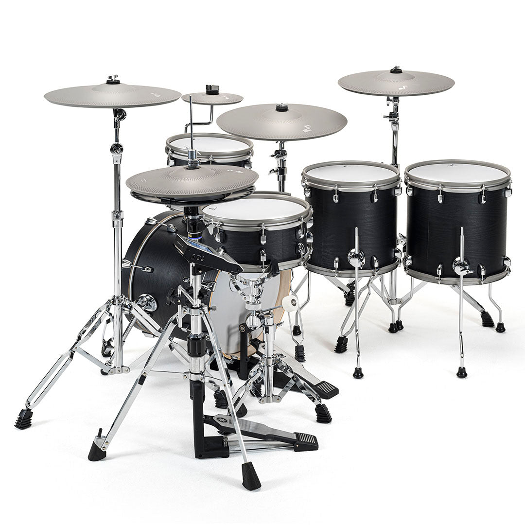EFNOTE 5X e-drum set with black birch wood shells and metal hardware designed by EFNOTE displayed on white background
