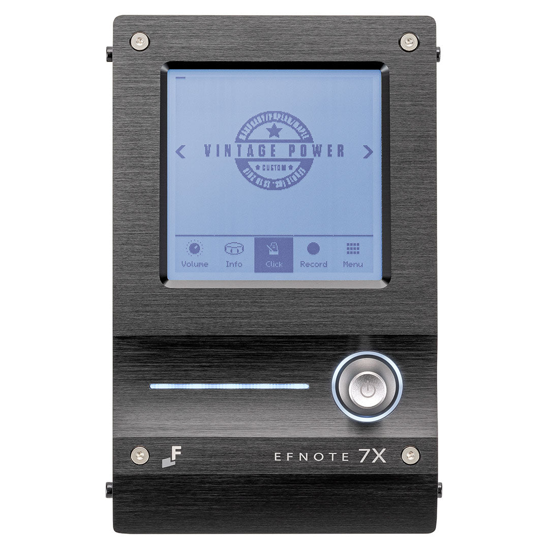 EFNOTE 7X e-drum set control module showing vintage power screen with volume and record options by EFNOTE