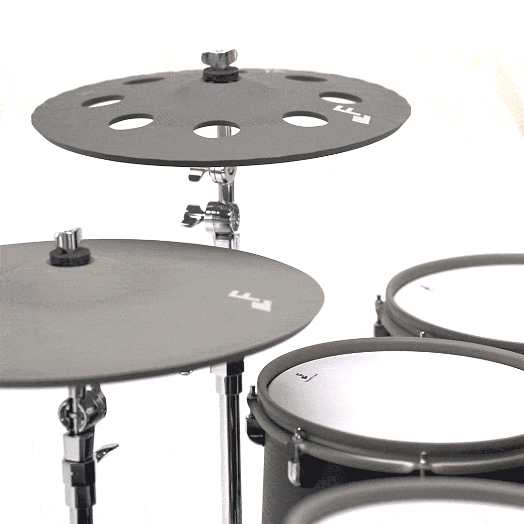 Close-up of EFNOTE 7X e-drum set cymbals and drum pads showcasing EFNOTE logo and black hardware design