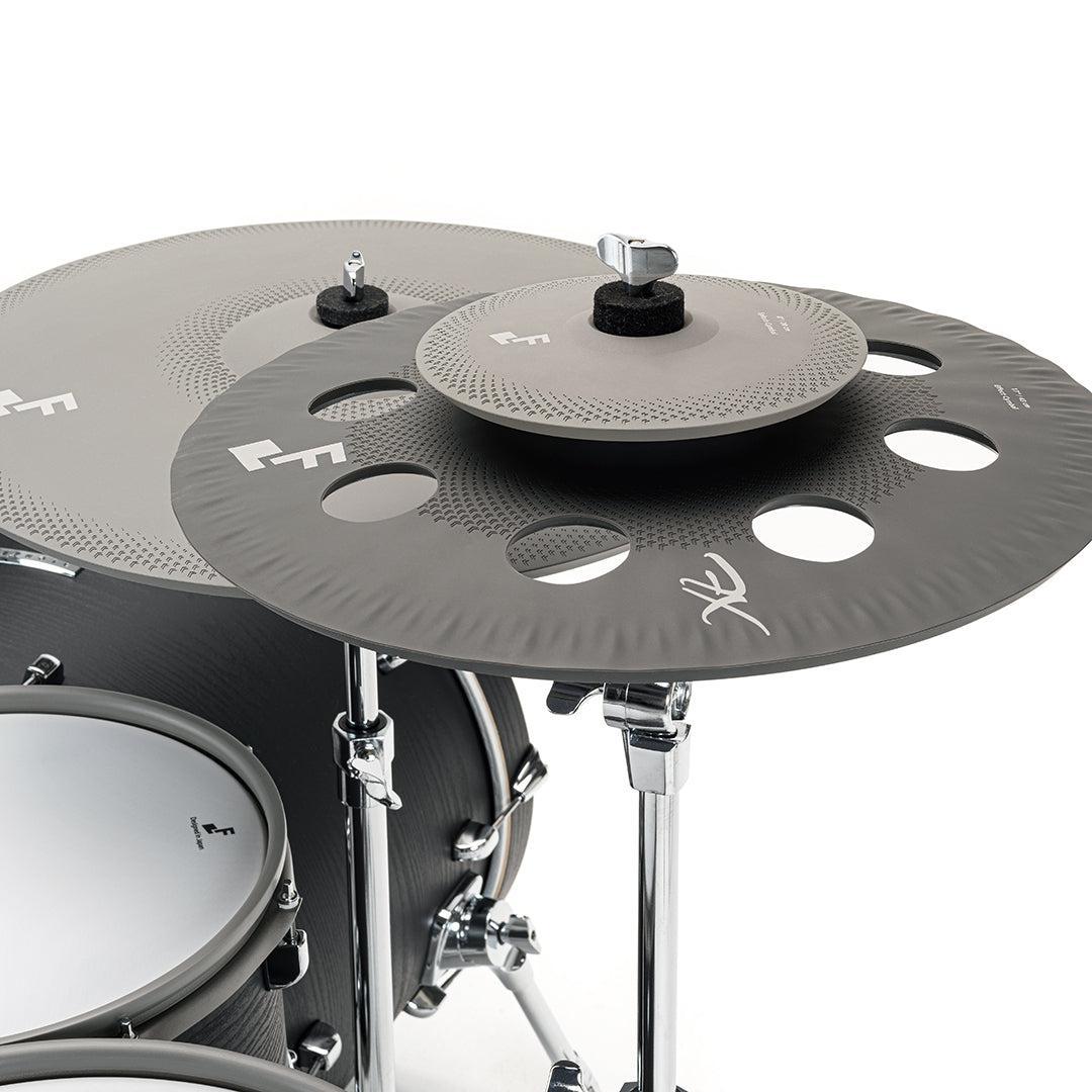 Close-up of EFNOTE 7X e-drum set’s black cymbals and drum pads by EFNOTE with modern design features.