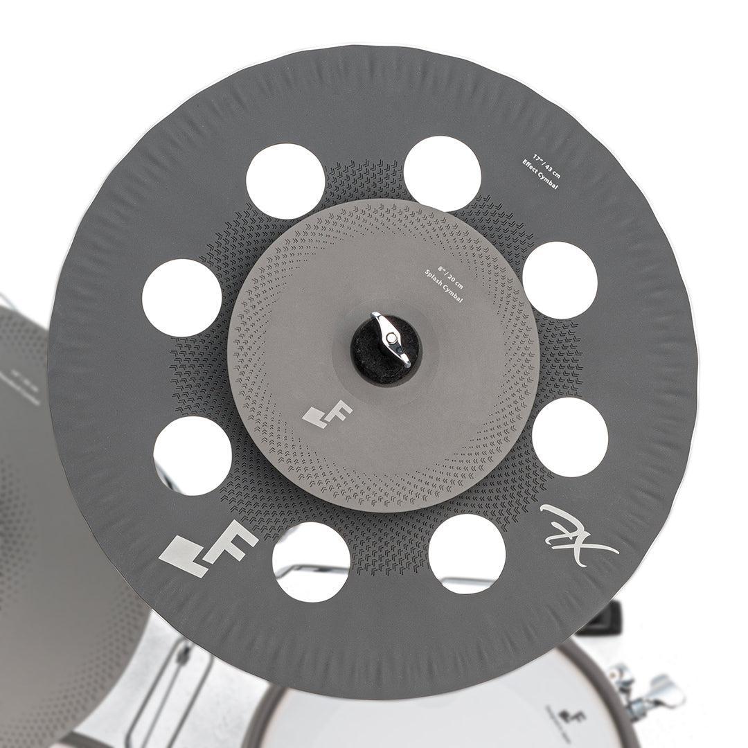 EFNOTE 7X e-drum set close-up of gray cymbals featuring perforated design and EFNOTE branding on drum kit