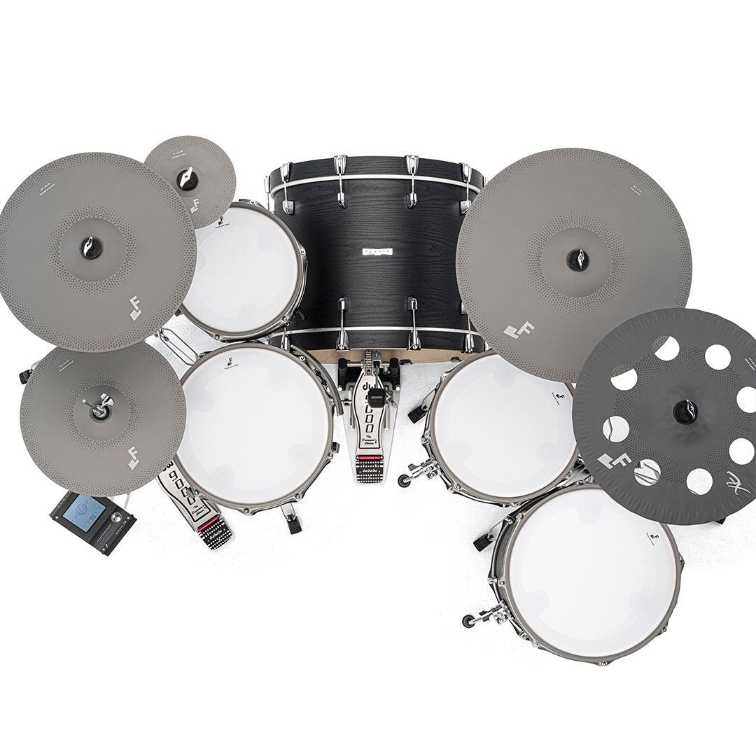 Top view of EFNOTE 7X e-drum set by EFNOTE featuring gray cymbals and white drum pads on a white background