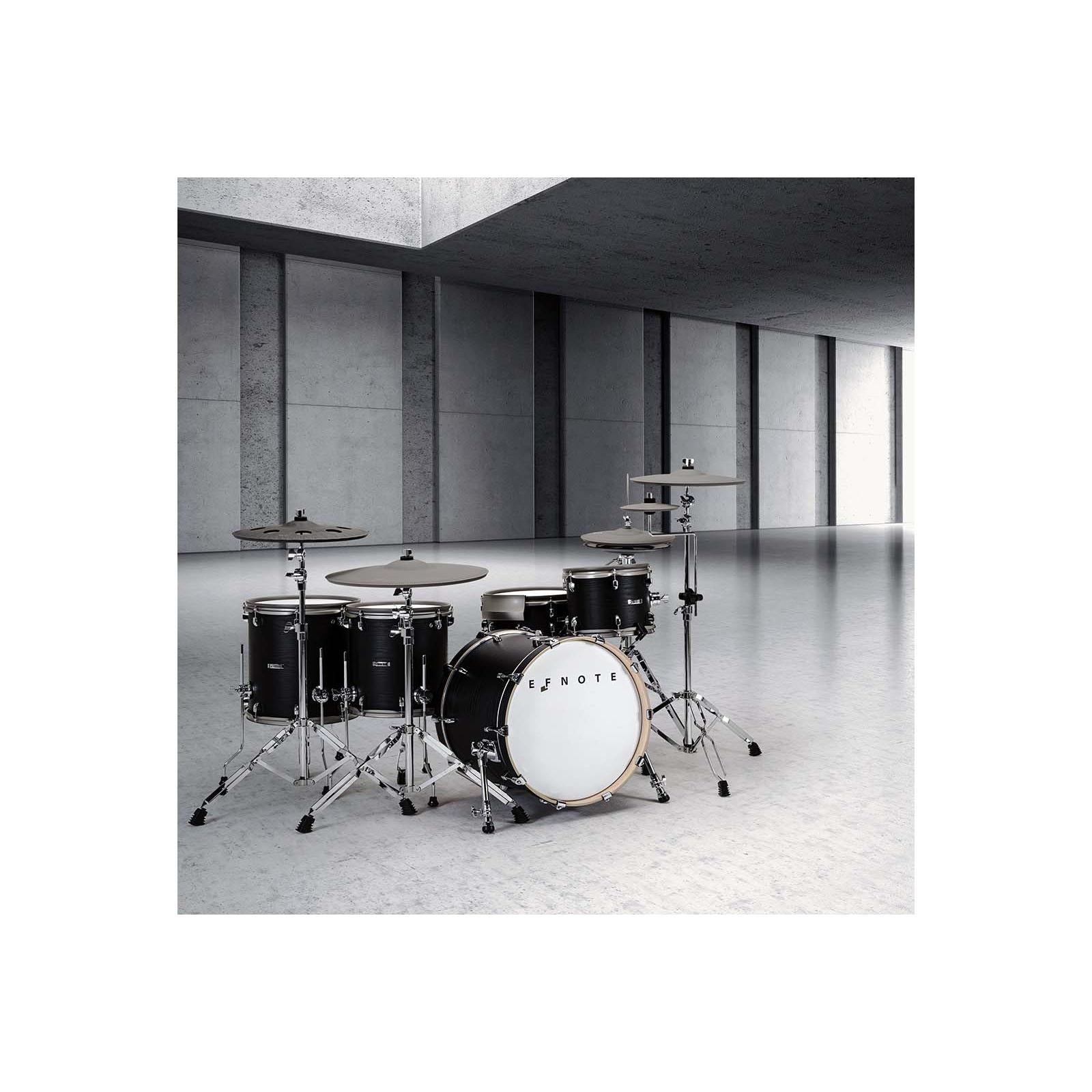EFNOTE 7X e-drum set in a modern minimalistic room with black drums and chrome hardware by EFNOTE