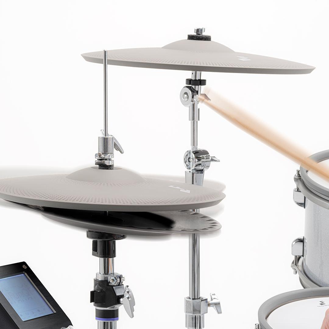 EFNote 12" hihat set EFD-H12" in warm gray mounted on stand with drumstick and EFNOTE electronic drum module nearby
