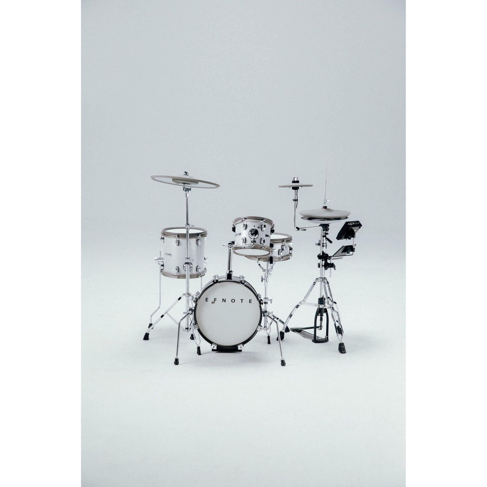 EFNOTE mini electronic drumset in white with multiple drum pads and cymbals on chrome stands by EFNOTE