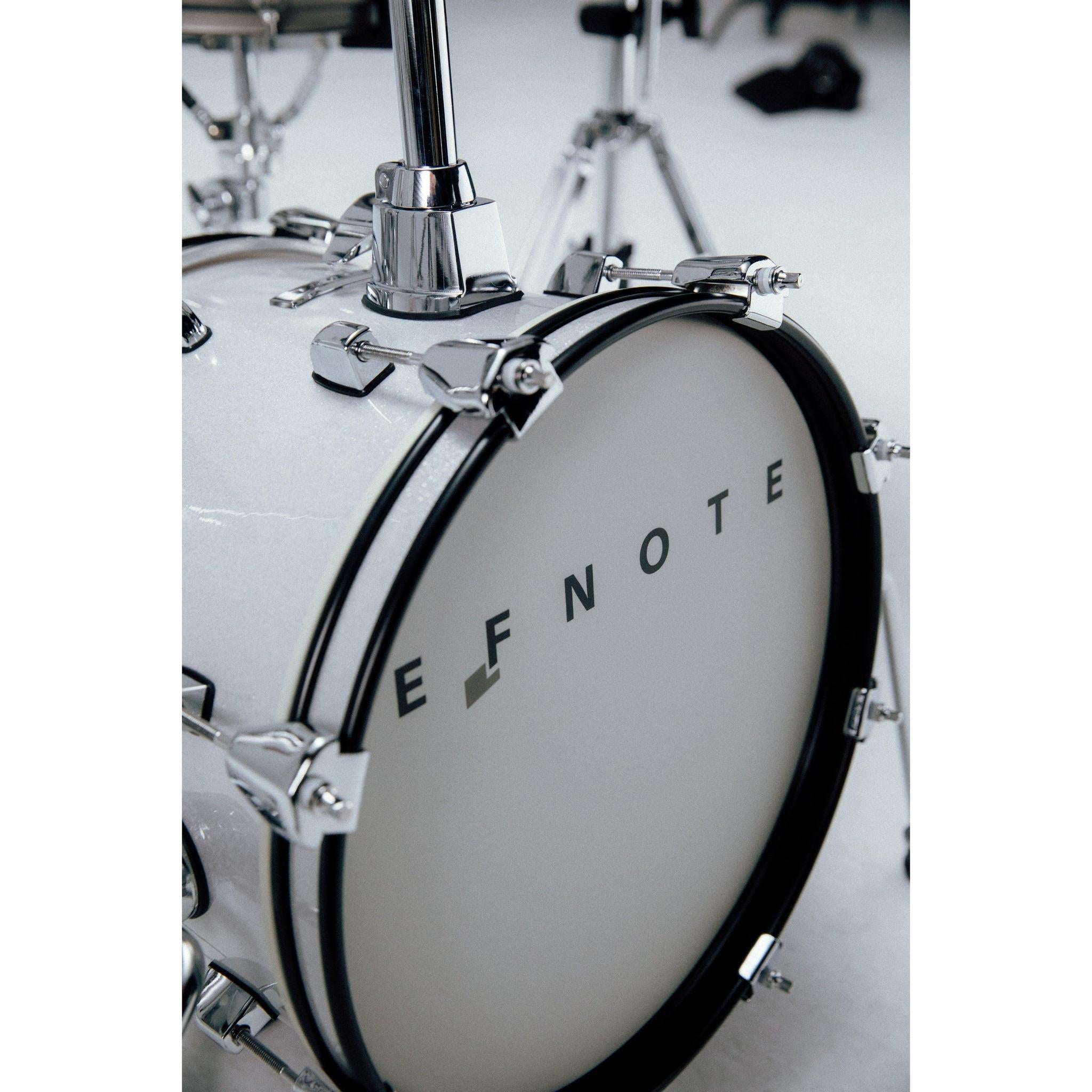 Close-up of EFNOTE logo on the bass drum of the EFNOTE mini electronic drumset by EFNOTE in white finish