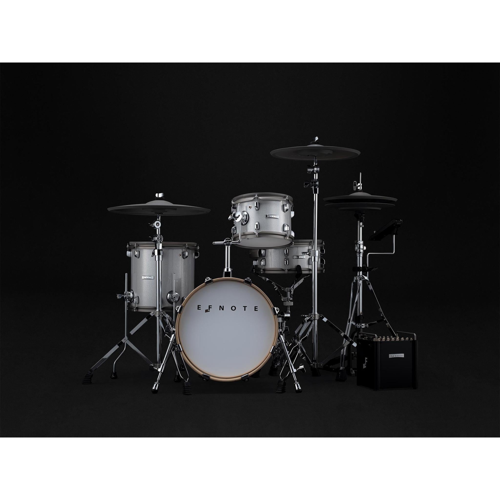 EFNOTE PRO 500 Standard Set drum kit in silver with cymbals and electronic drum pad by EFNOTE on black background