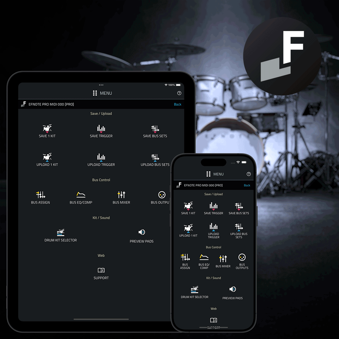 EFNOTE PRO 703X interface displayed on tablet and smartphone by efnote with drum set background.