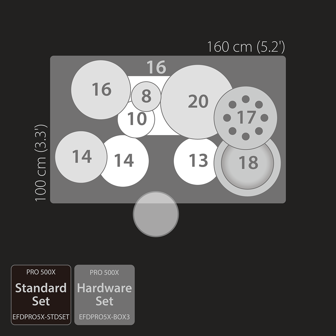 EFNOTE PRO 500X electronic drum kit layout diagram showing drum and cymbal sizes with dimensions and set options.