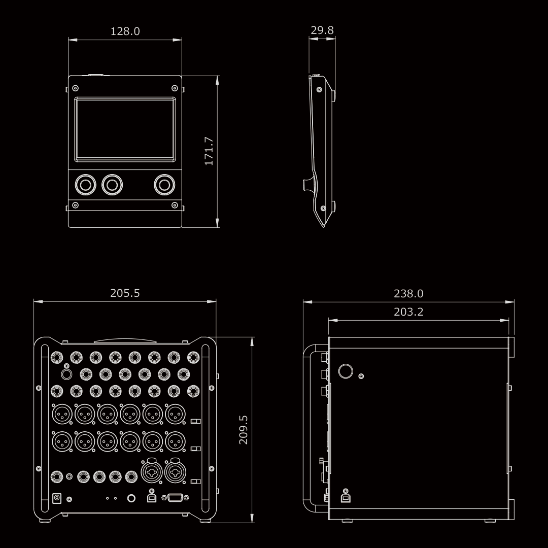 Technical drawing of EFNOTE PRO 703X e-drum module showing front, top, and side views with dimensions in millimeters