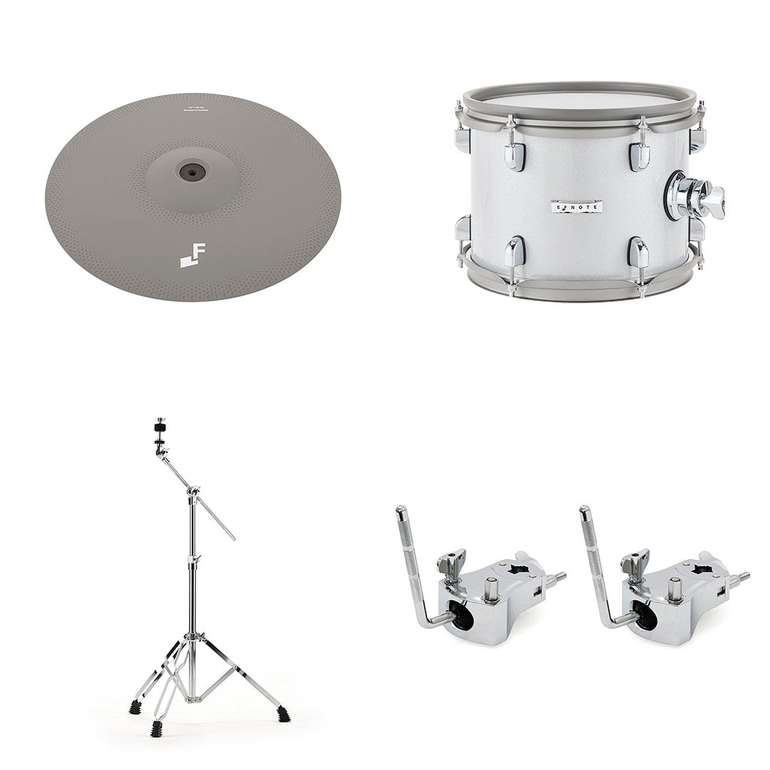 EFNote PRO 507 Complete Set showing cymbal pad, drum, stand, and clamps with EFNOTE branding in gray and silver tones