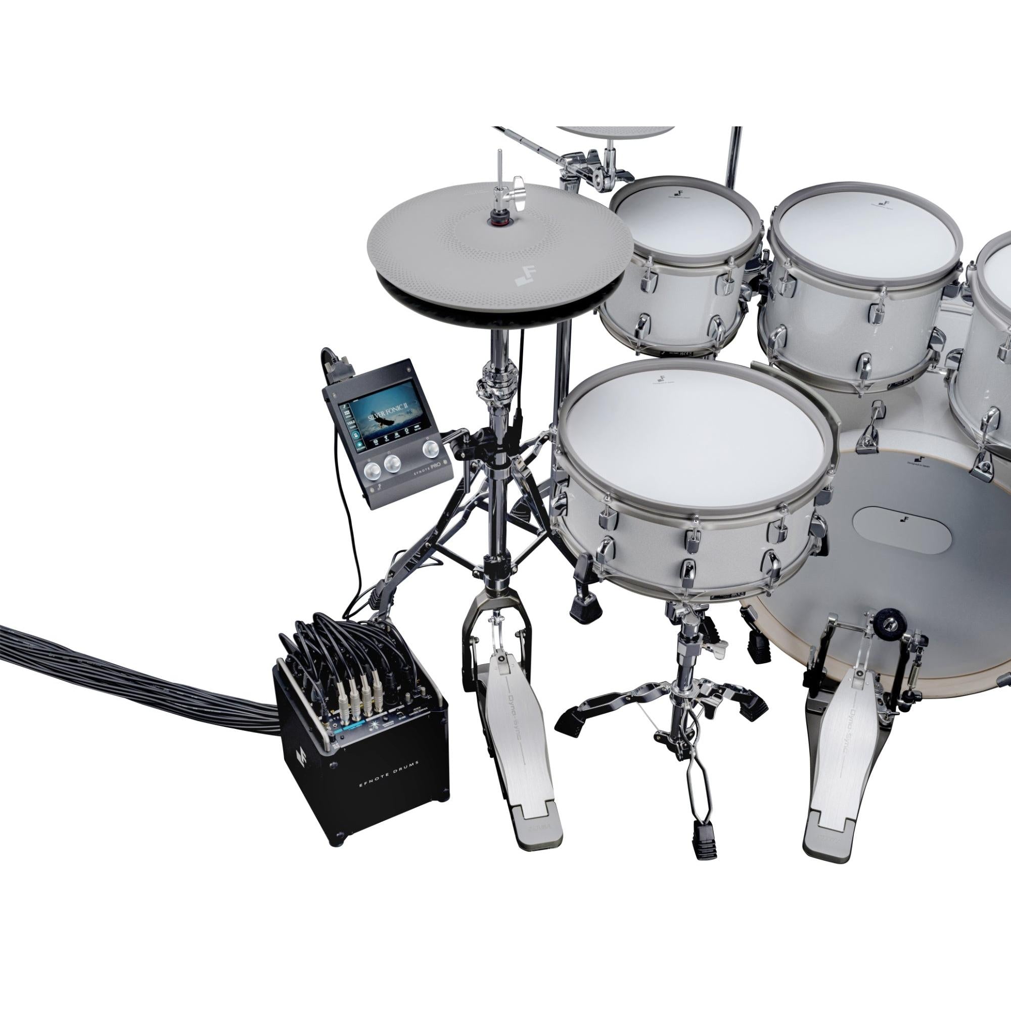 EFNOTE EFNote PRO 507 Complete Set electronic drum kit with control module and connected audio interface box.