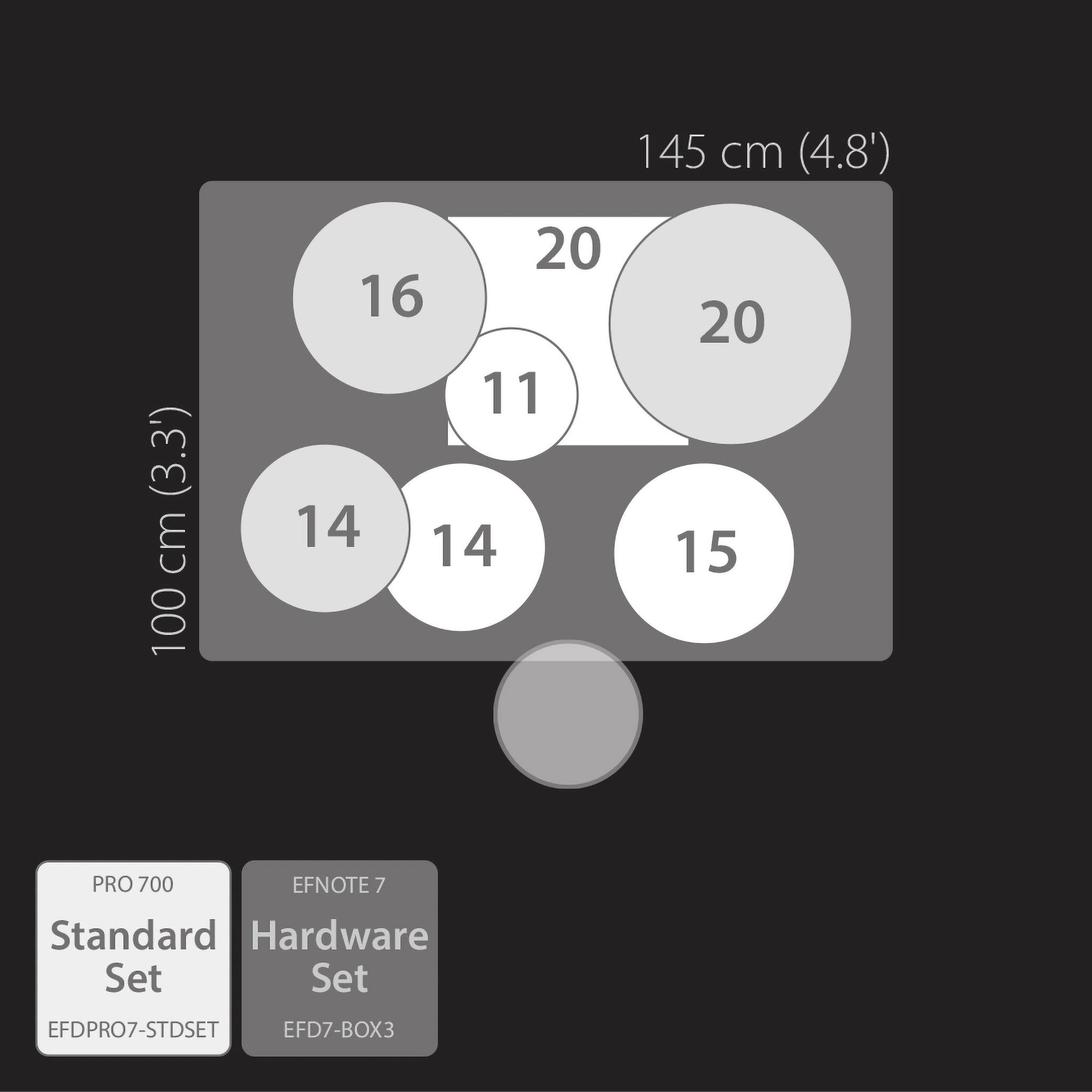 Top-down layout diagram of EFNote PRO 700 Standard Set electronic drum kit with pad dimensions in cm and inches.
