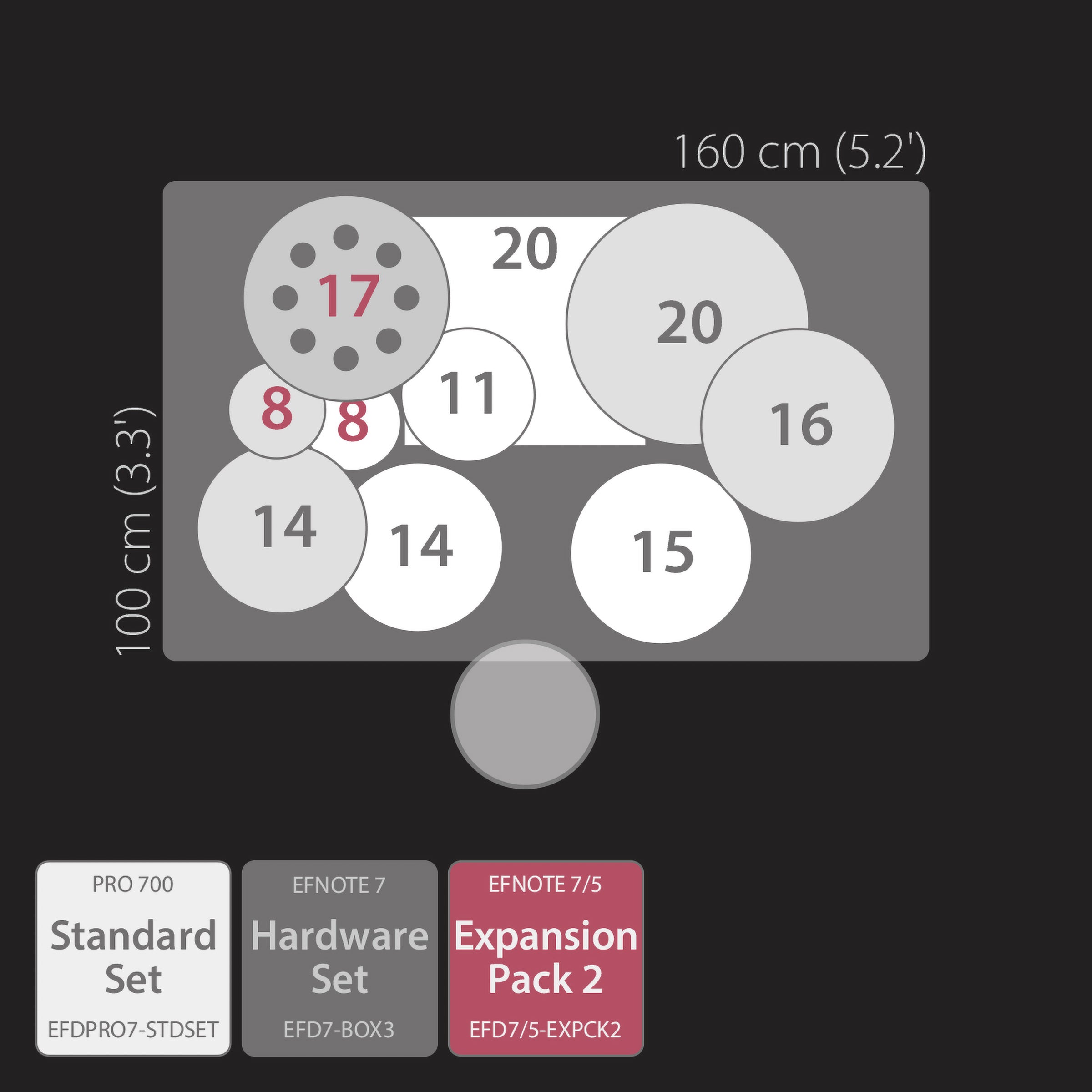 EFNote pro 702 Modern Set electronic drum kit layout with extended cymbal and pad sizes for versatile playing styles