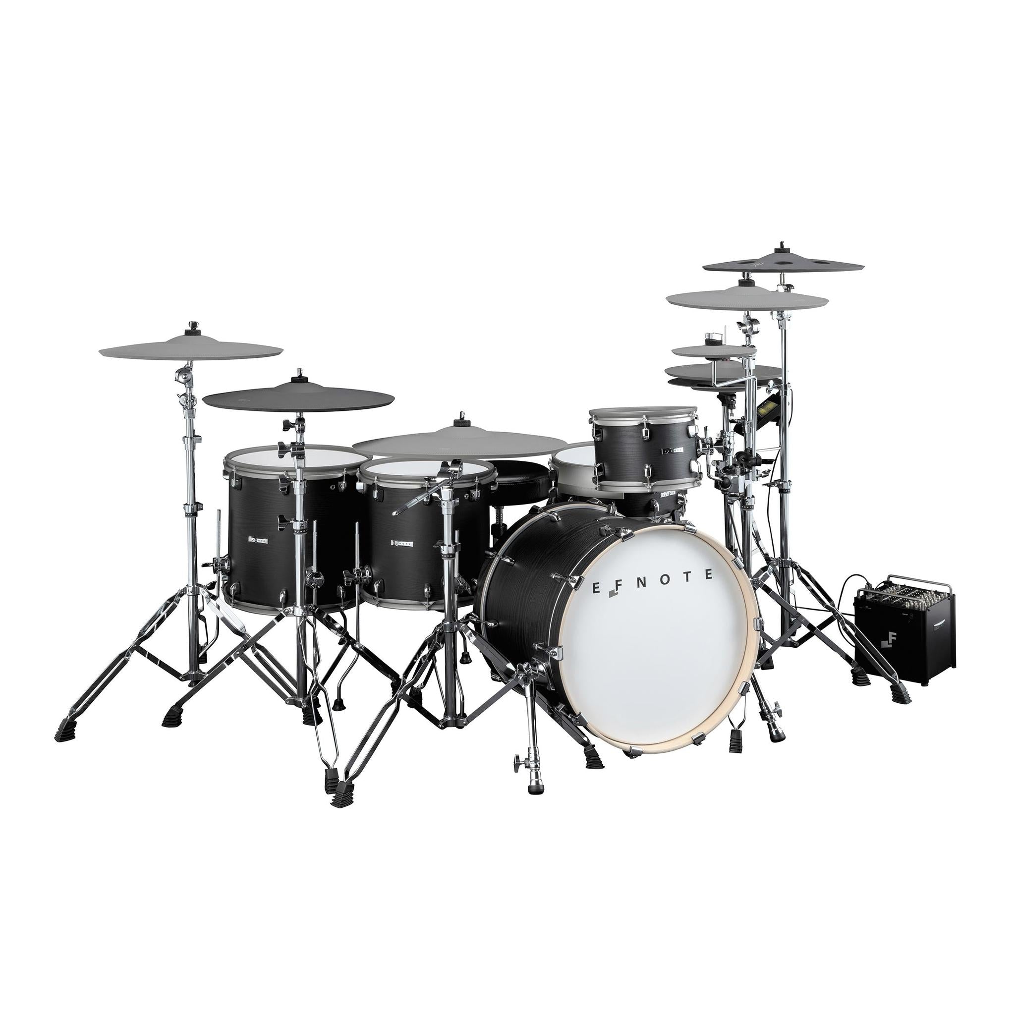 EFNOTE PRO 703X electronic drum kit by EFNOTE with black shells and multiple cymbals on chrome stands