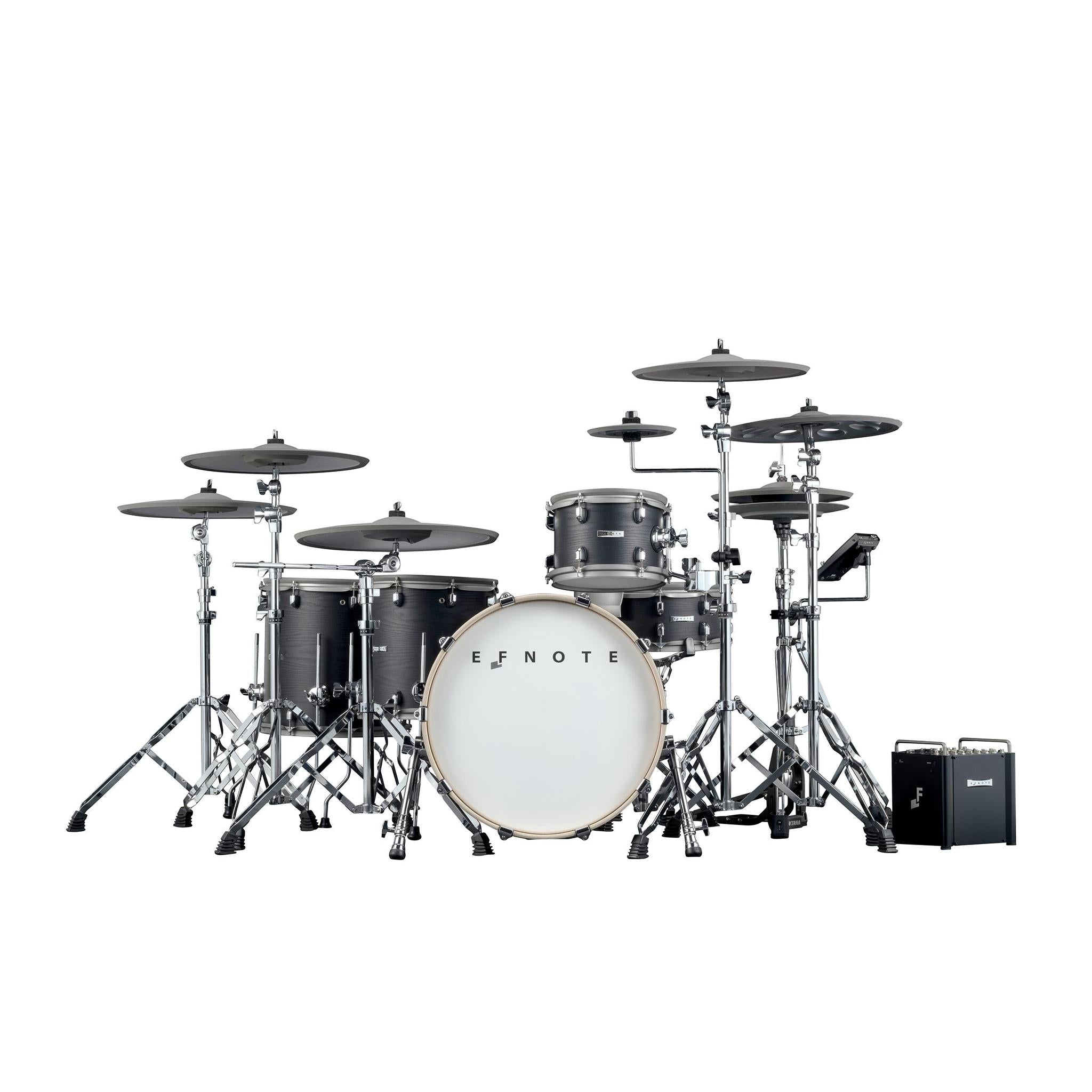 EFNOTE PRO 703X electronic drum kit by EFNOTE with black shells, cymbals, and dual amplifiers for live performance
