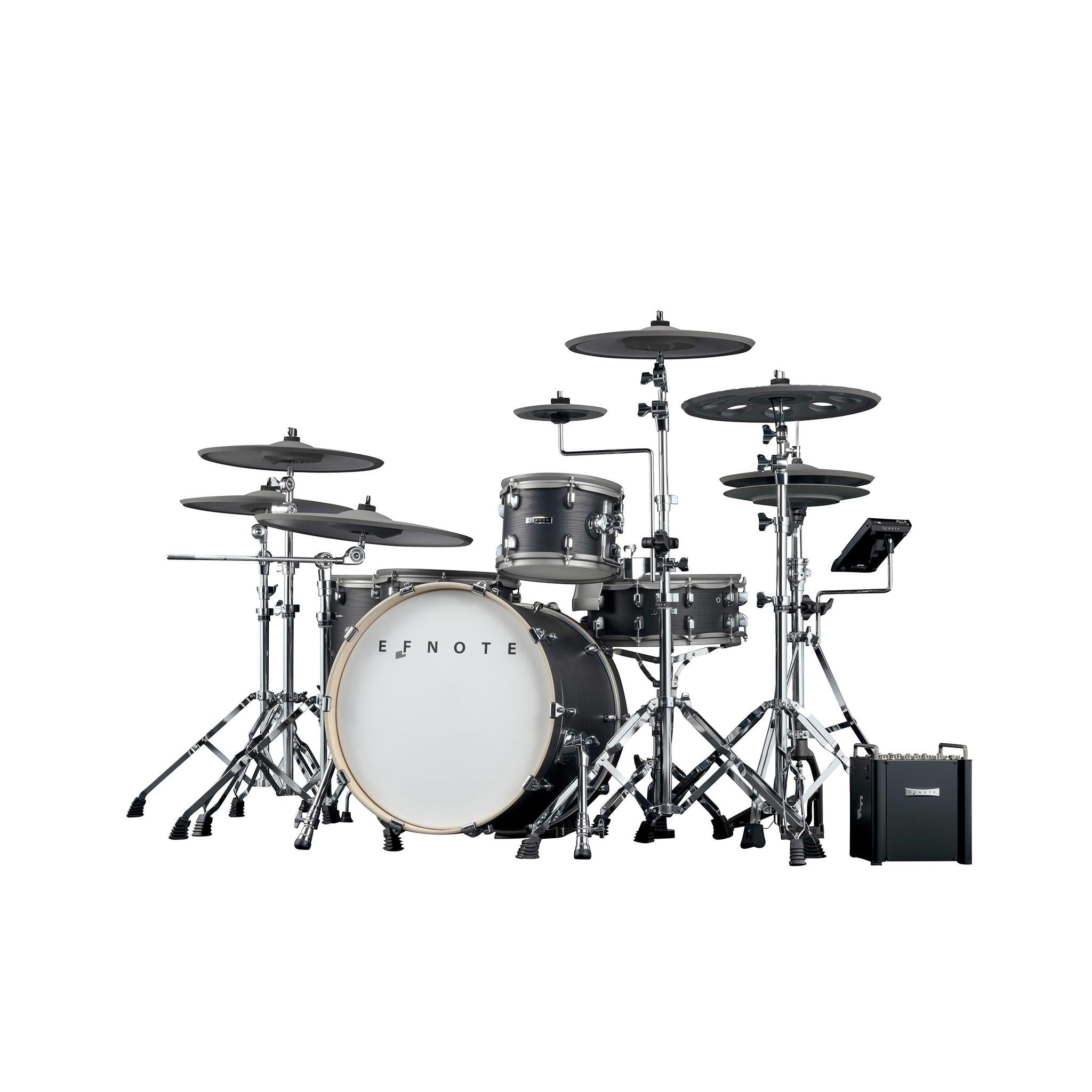 EFNOTE PRO 703X electronic drum kit in black with multiple cymbals, drum pads, and compact amplifier by EFNOTE