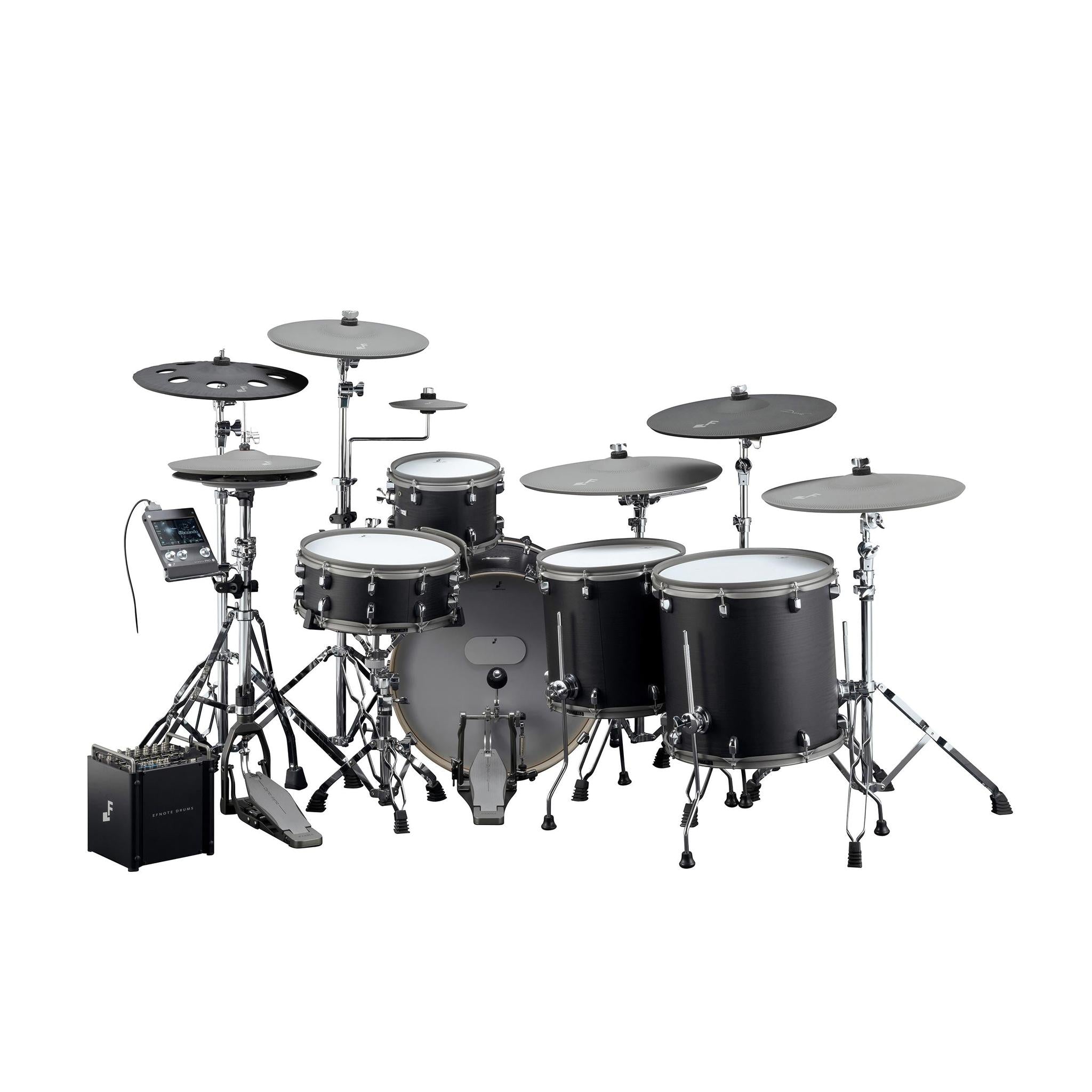 EFNOTE PRO 703X electronic drum kit in black with cymbals, drums, and EFNOTE module and amplifier system.