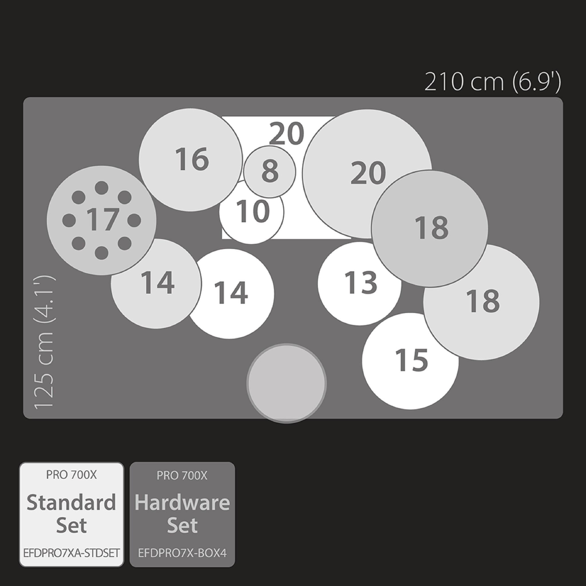 Top-down layout diagram of the EFNOTE PRO 703X electronic drum kit with drum pad sizes and spacing.