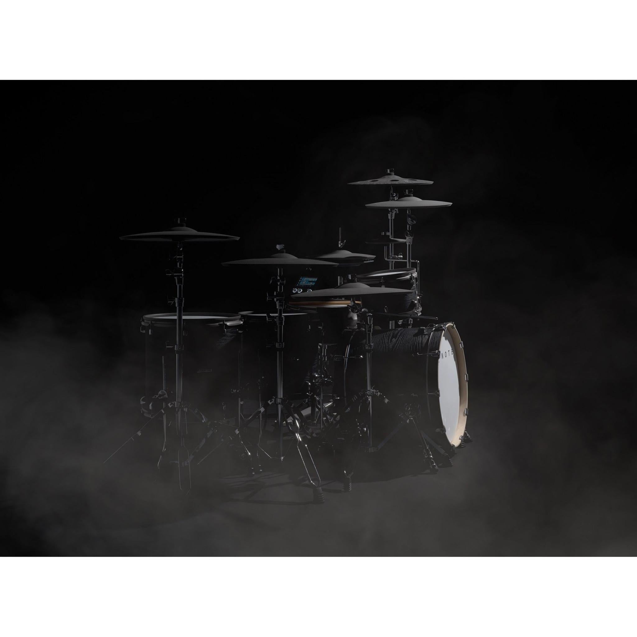 EFNOTE PRO 703X electronic drum kit with black hardware and cymbals on stage with dramatic smoke effects
