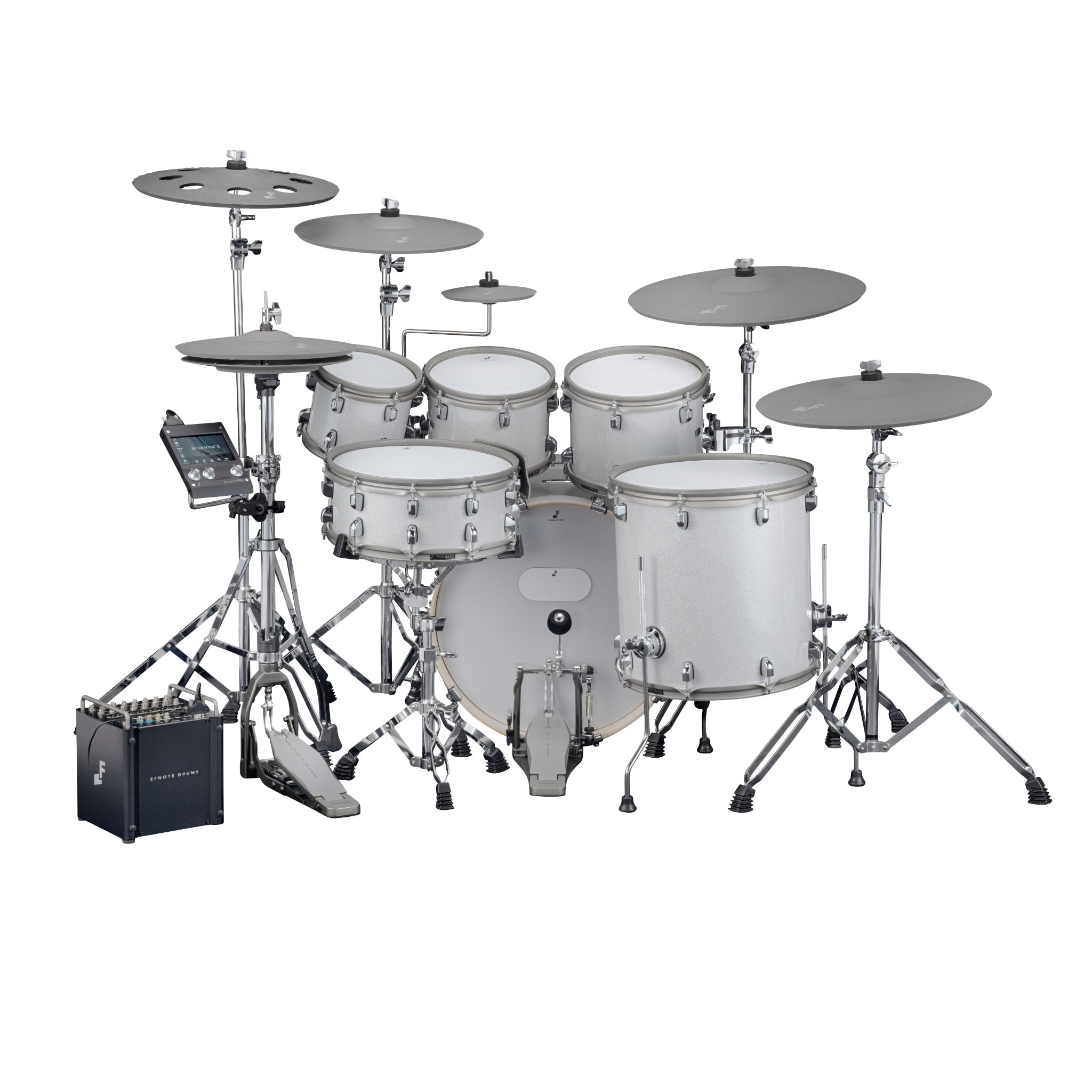 EFNote Pro 704 Technical Set by EFNOTE with extended pad and cymbal setup, including electronic drums and hardware stands