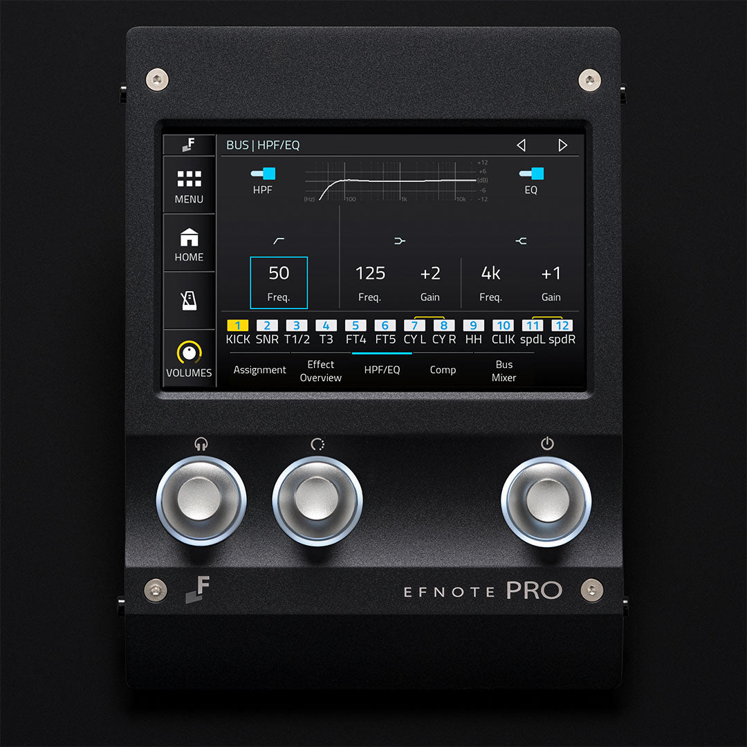 EFNOTE PRO 703X black control module with screen showing mixer and EQ settings for electronic drum kit by EFNOTE